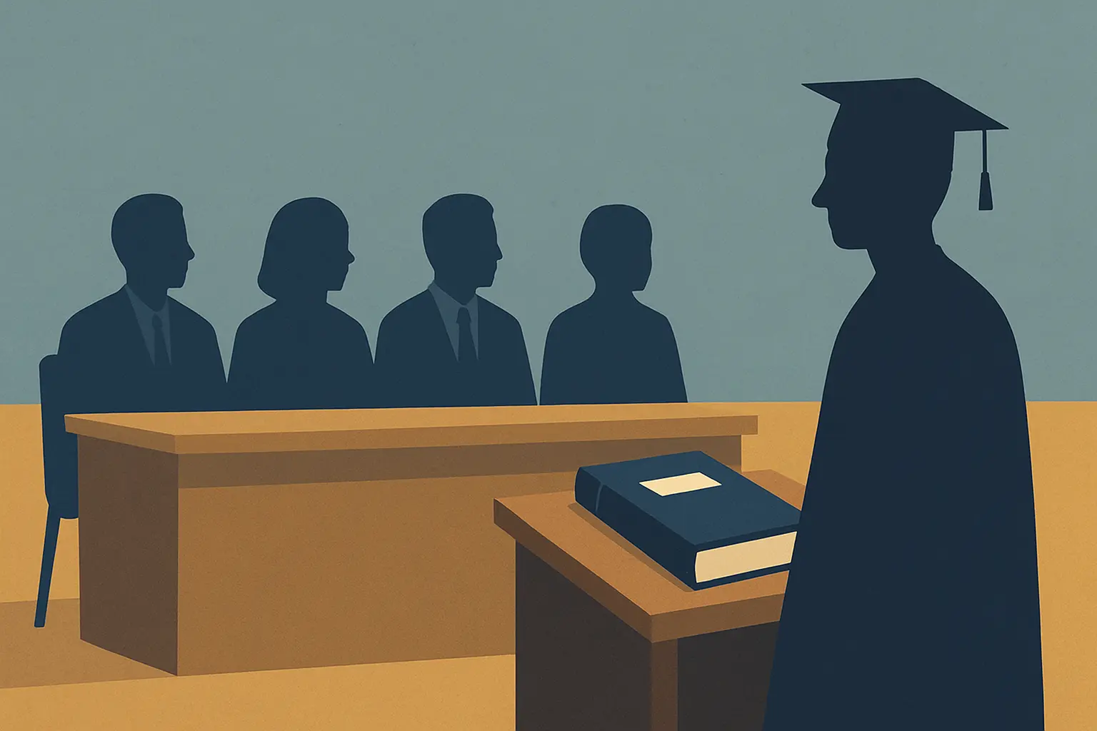 Escena ilustrada de la defensa de una tesis doctoral ante un tribunal