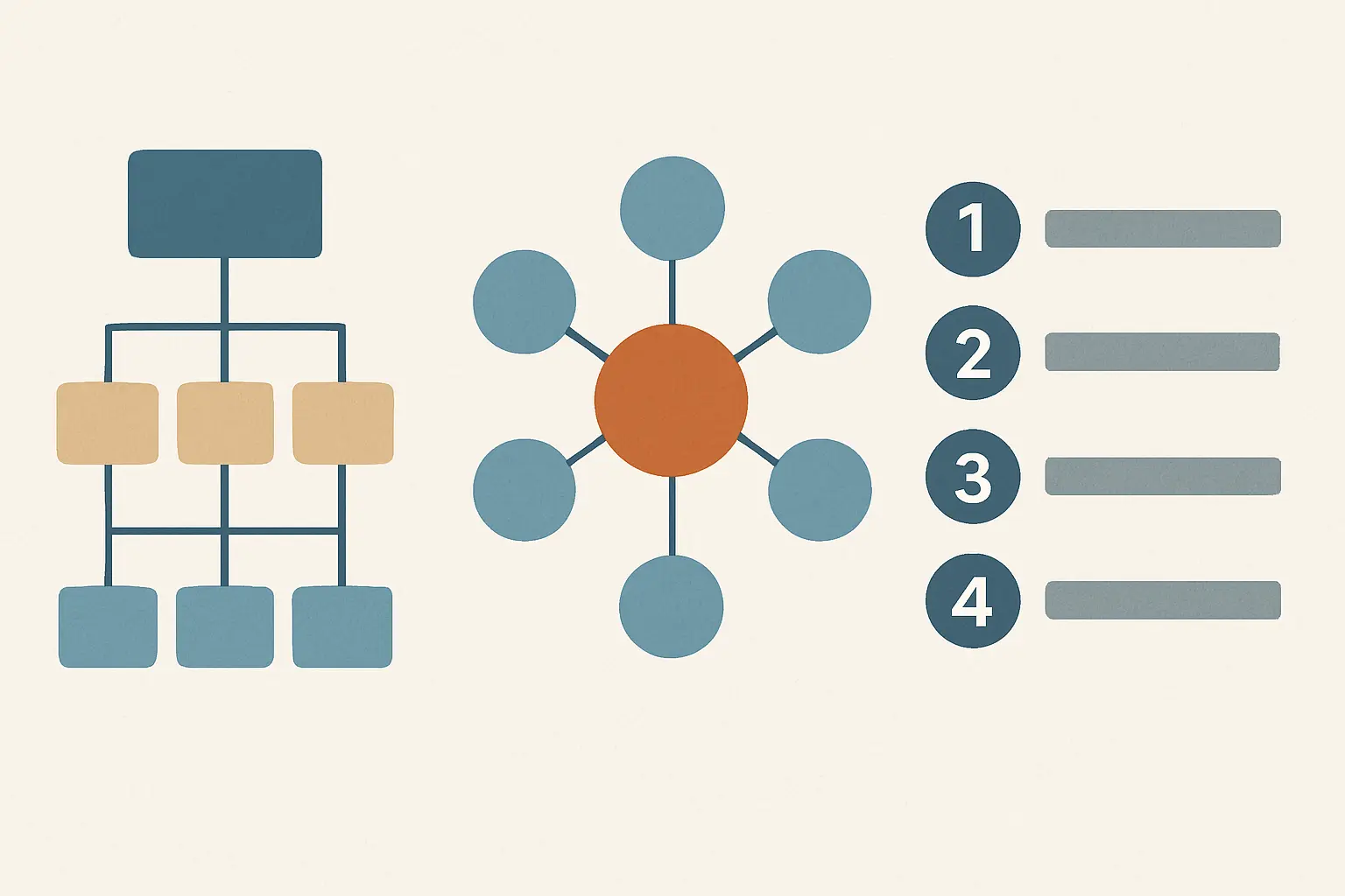 Comparación ilustrada entre mapa conceptual, mapa mental y esquema numerado