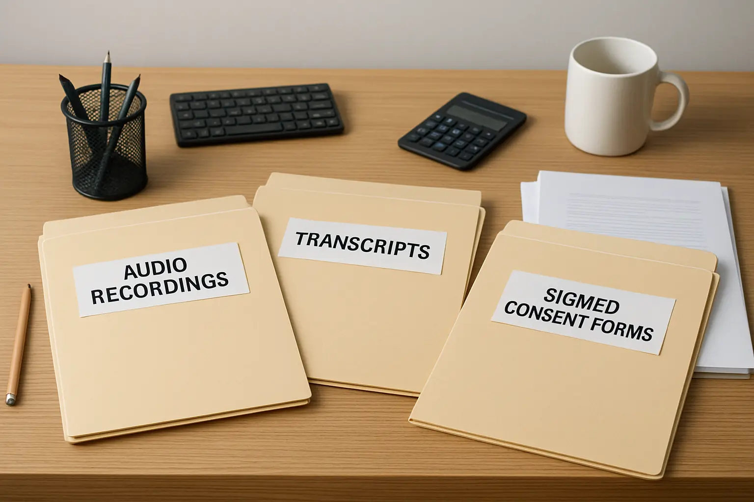 Carpetas organizadas de audios, transcripciones y consentimientos firmados para un TFG