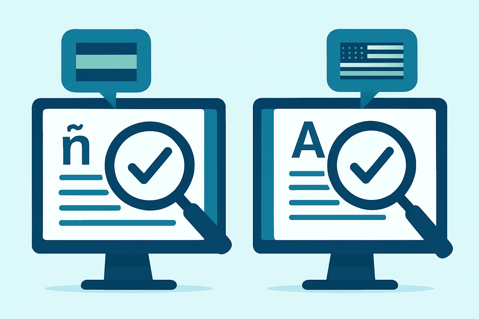 Comparativa visual de dos interfaces de corrector de texto, una en inglés y otra en español