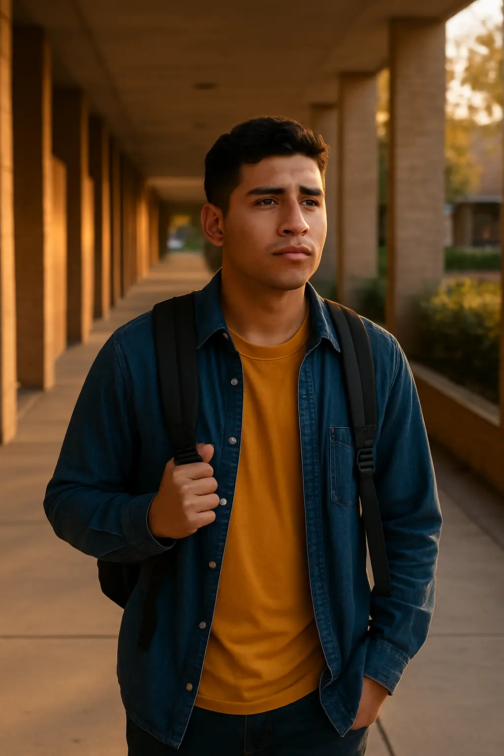 Estudiante universitario caminando por un campus, reflejando la presión económica que lleva al abandono universitario