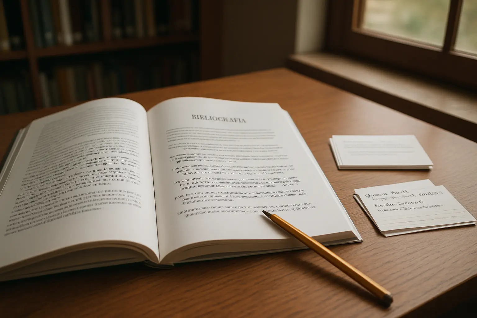Bibliografía de una tesis ordenada en formato APA sobre una mesa de biblioteca universitaria
