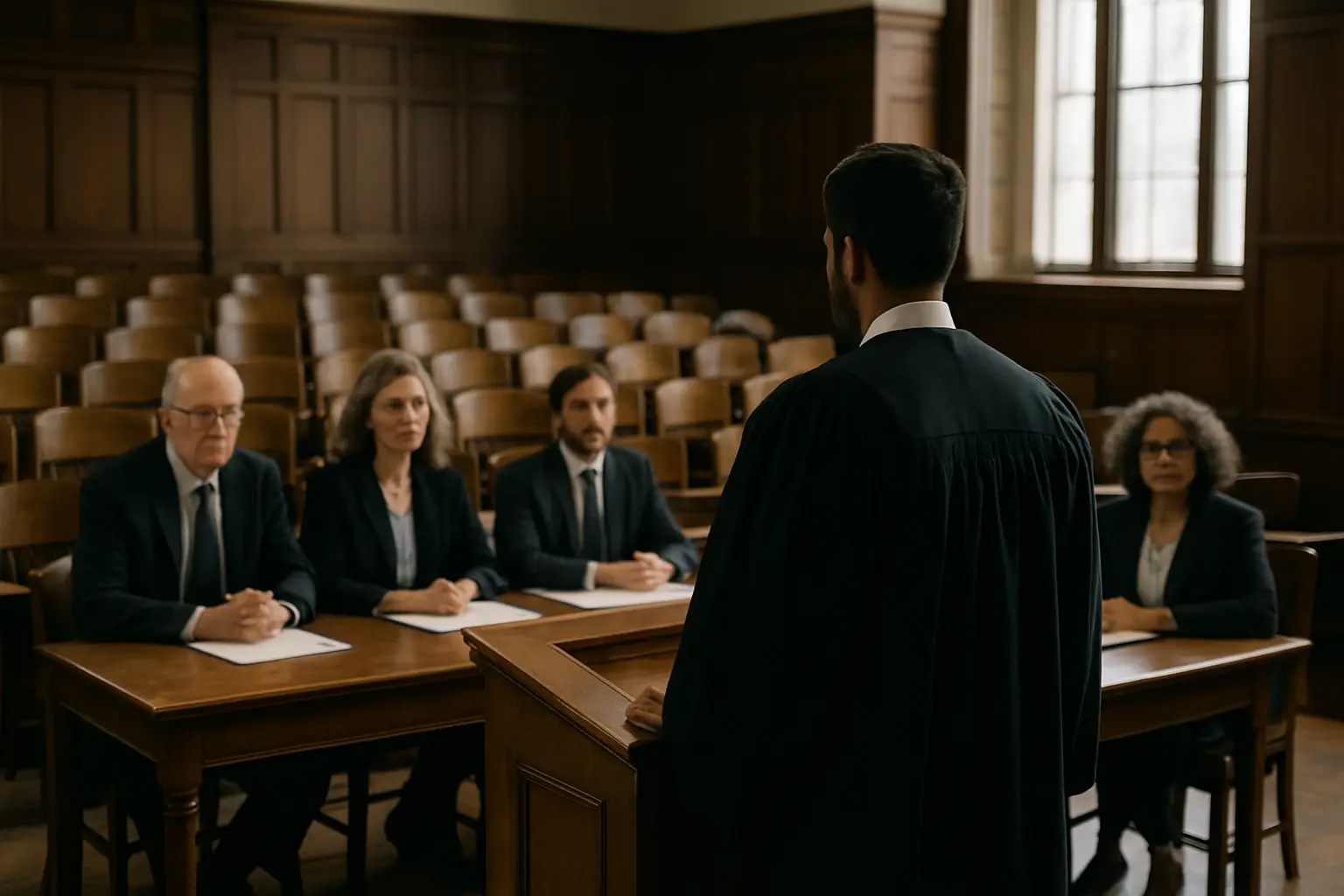 Acto de defensa de una tesis doctoral ante el tribunal en un aula universitaria