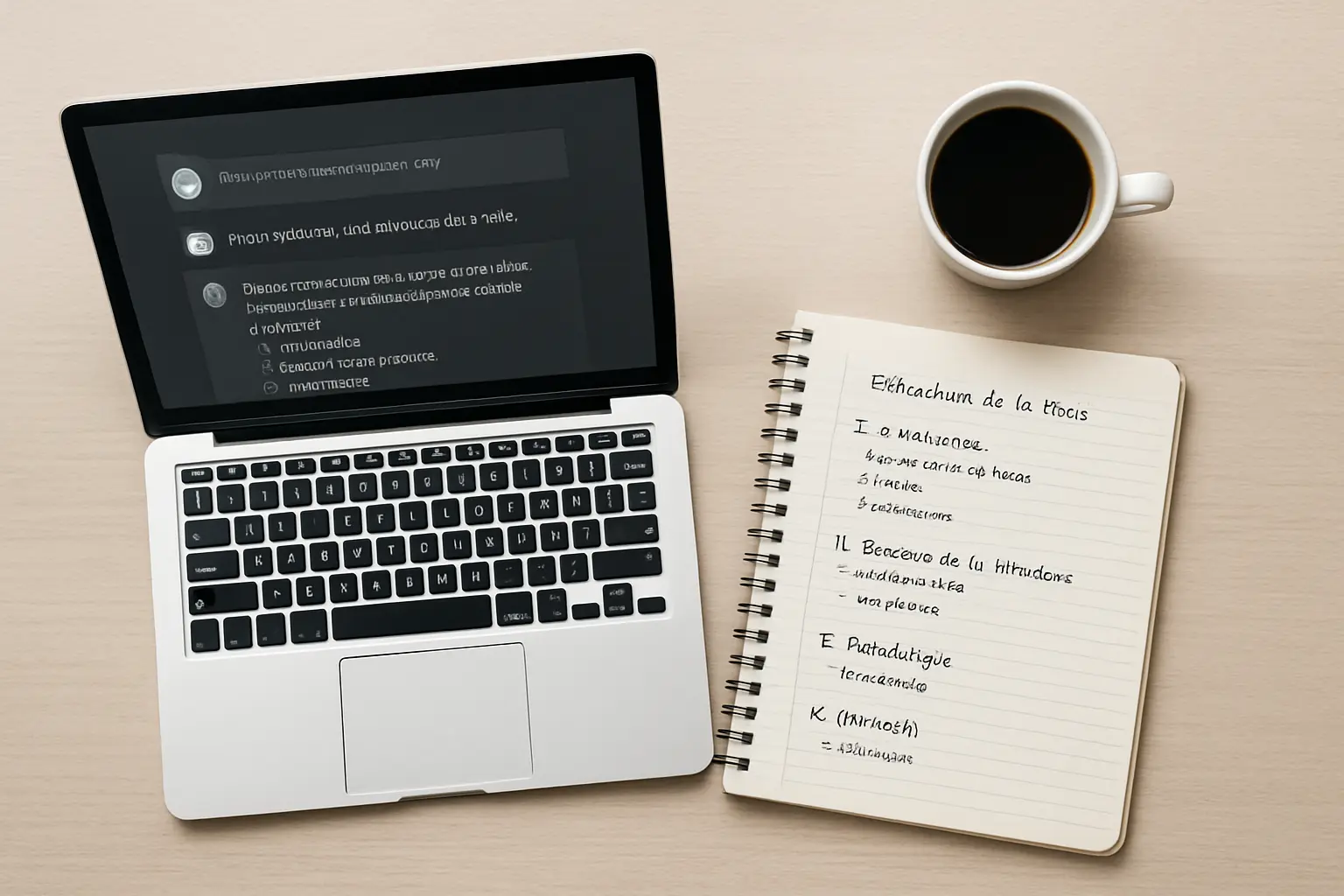 Laptop con un asistente de IA abierto junto a notas manuscritas para redactar una tesis