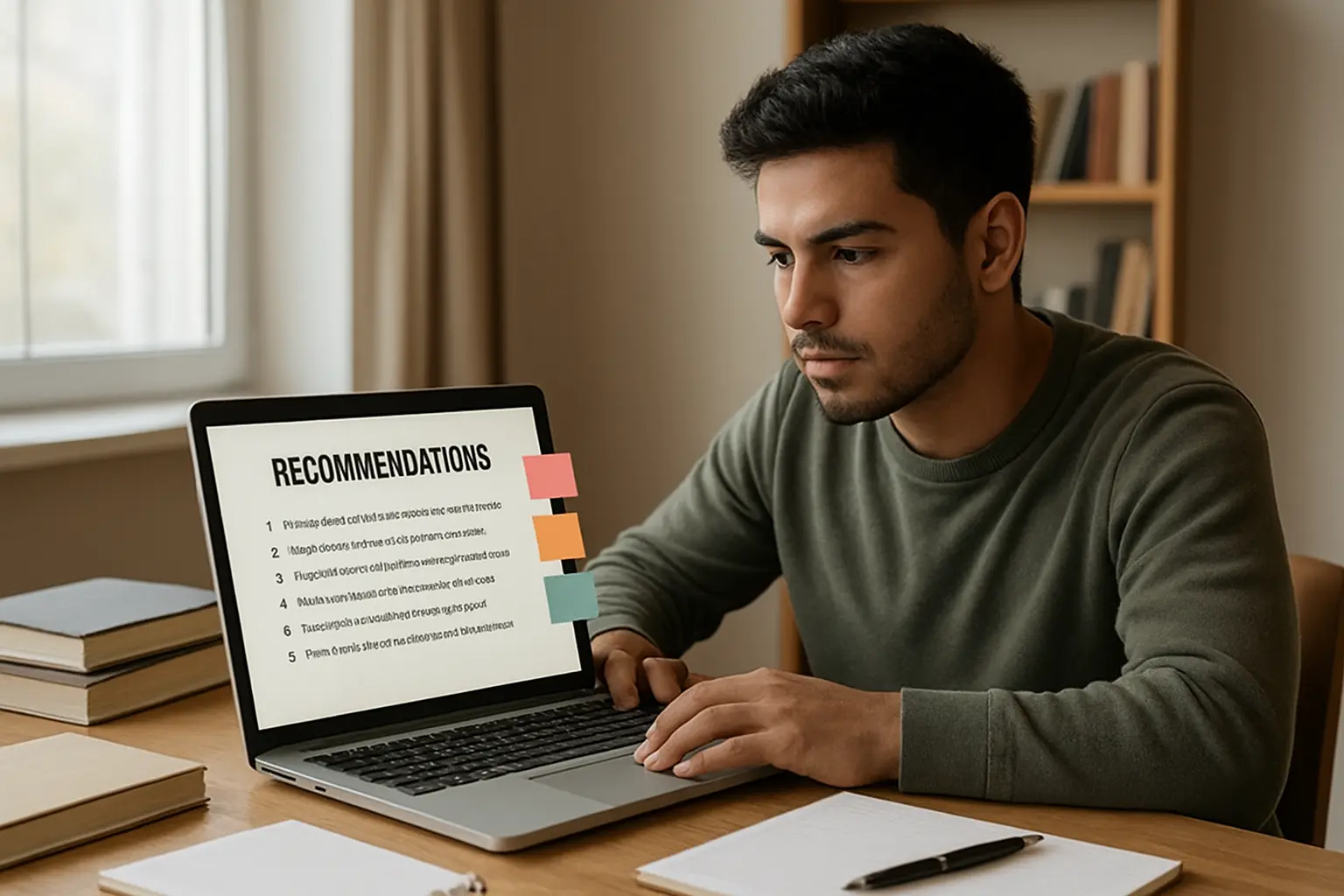 Estudiante revisando en su laptop la lista de recomendaciones al final de su tesis