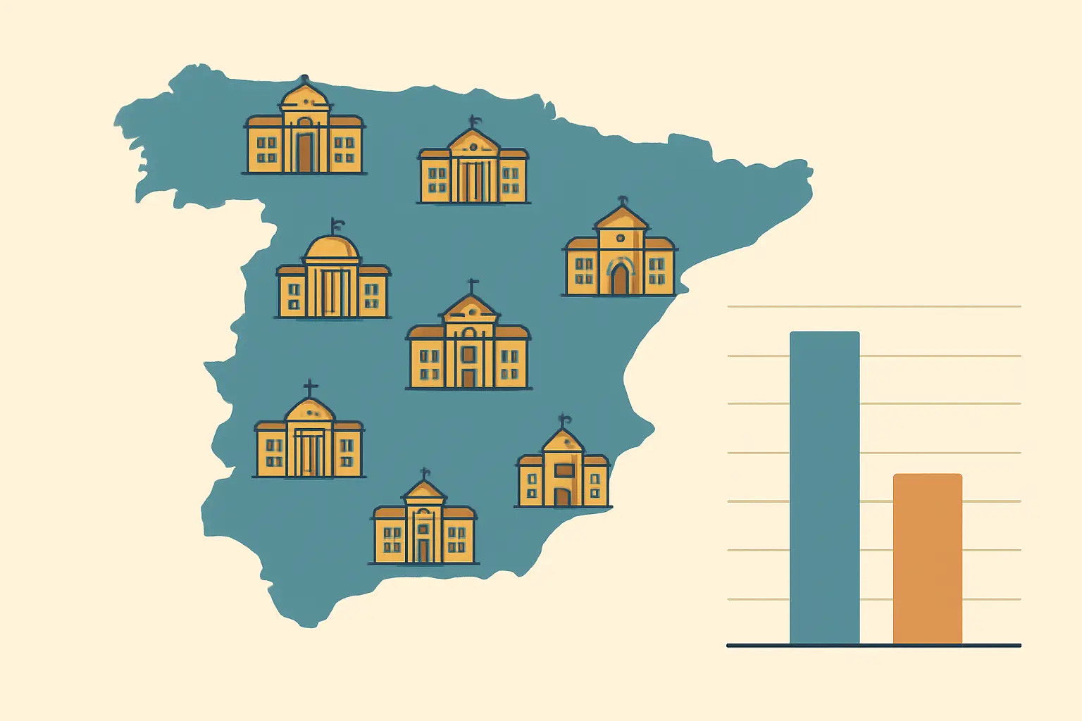 Mapa ilustrado de España con iconos de universidades públicas y privadas distribuidas por comunidad autónoma