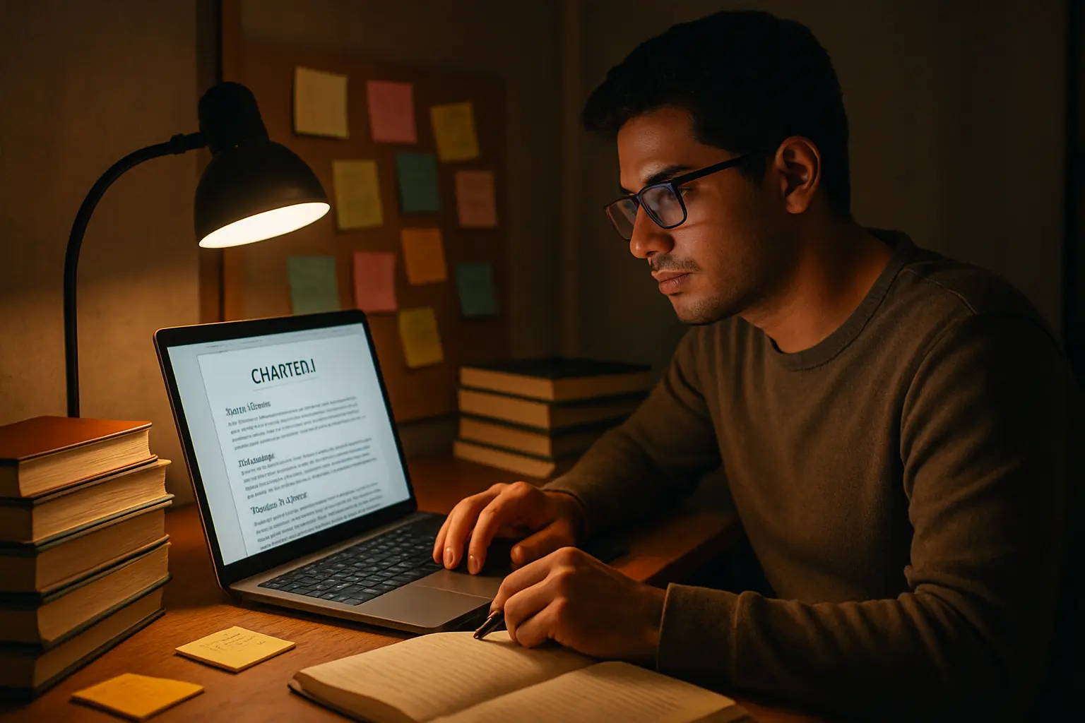 Estudiante de maestría organizando los capítulos de su tesis con ayuda de una laptop