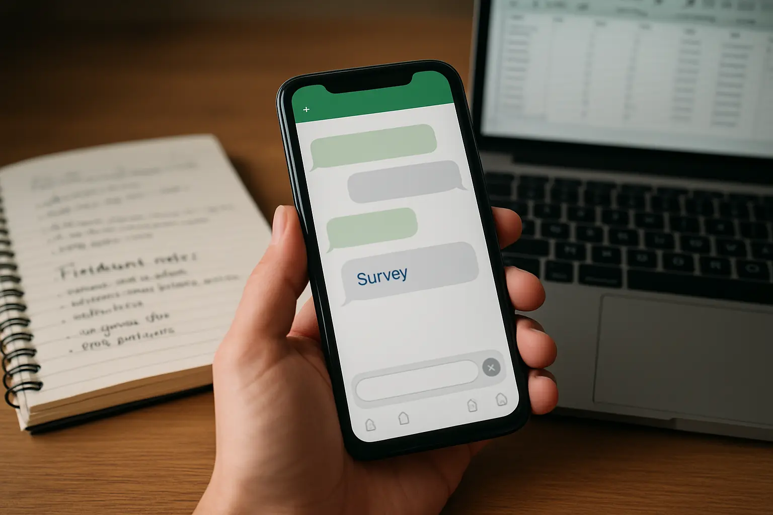 Celular con un enlace de encuesta en una app de mensajería junto a una libreta de campo y un portátil