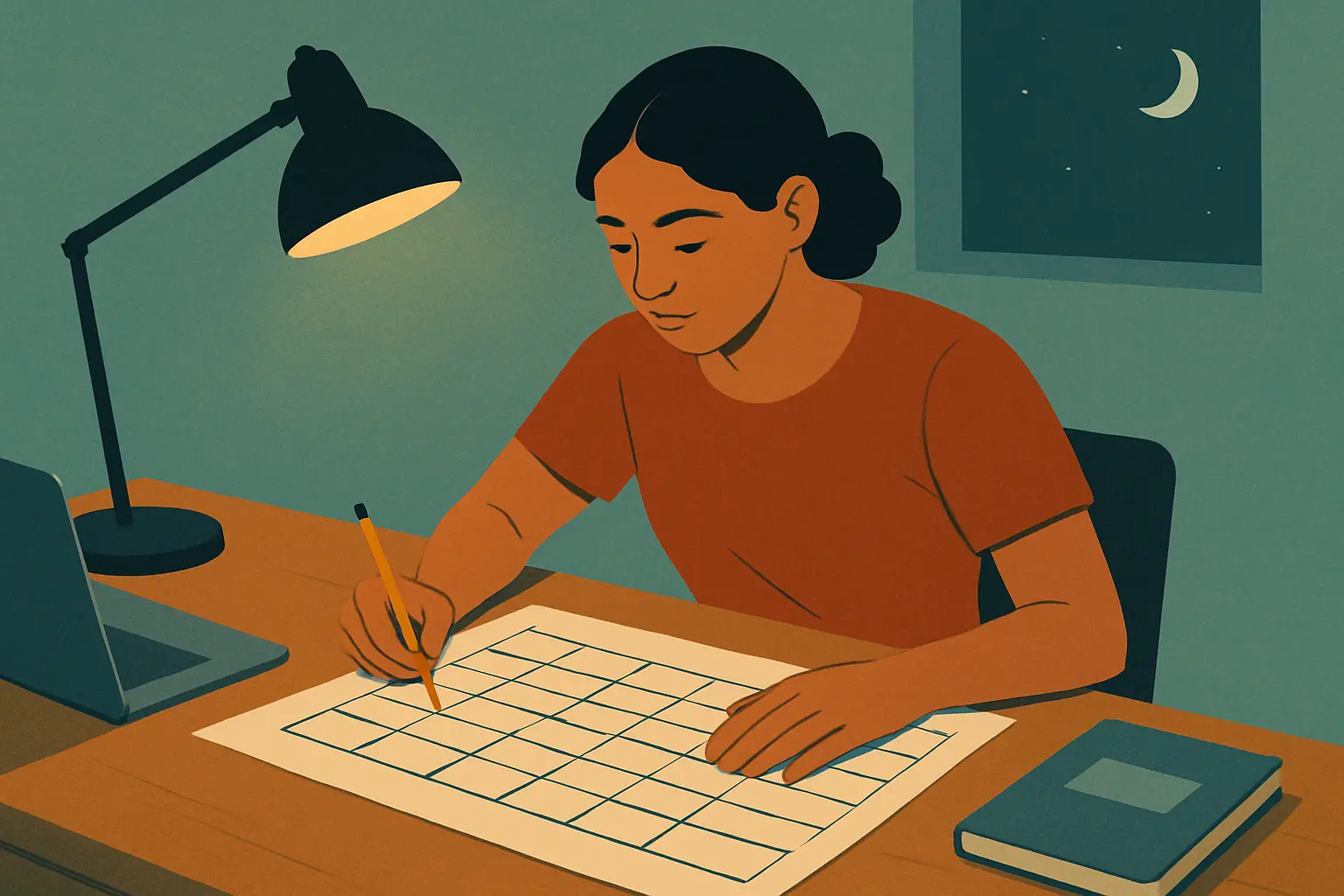 Estudiante colombiano organizando la matriz de consistencia de su trabajo de grado sobre el escritorio