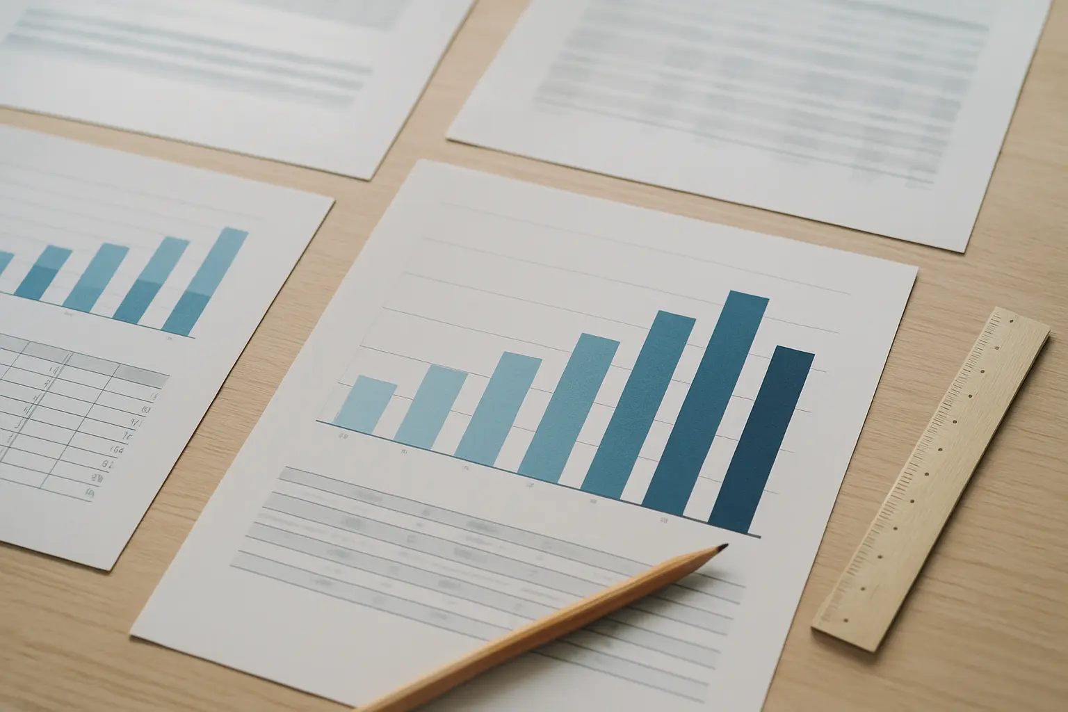 Gráficas y tablas impresas de una serie estadística sobre una mesa de trabajo