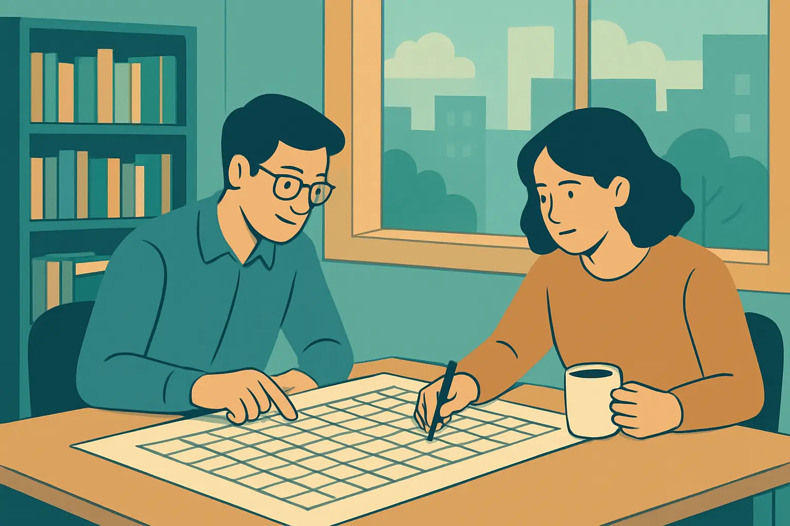 Estudiante y director revisando juntos la matriz de consistencia del trabajo de grado