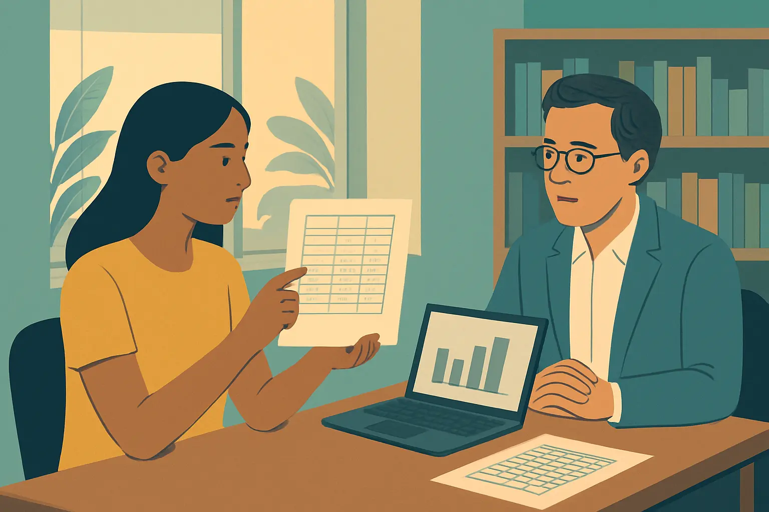 Estudiante mostrando una tabla de resultados de regresión a su director de trabajo de grado
