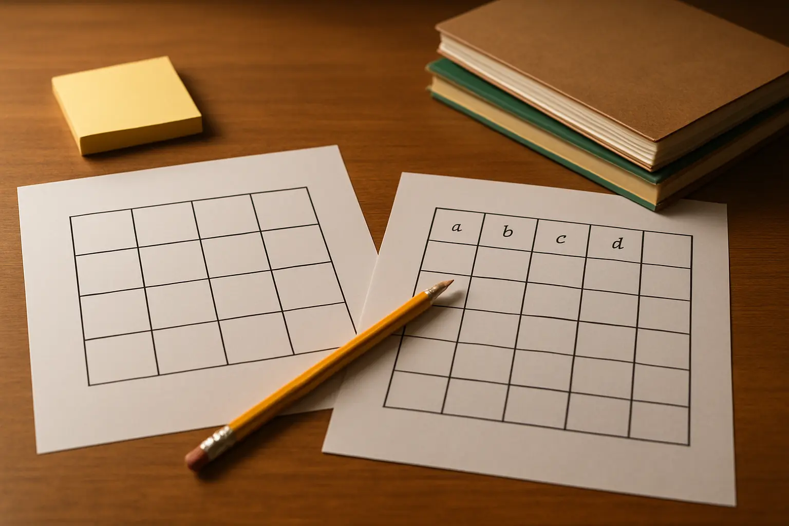 Dos hojas sobre un escritorio: la matriz categorial de un estudio cualitativo y la tabla de operacionalización de variables de un estudio cuantitativo en educación