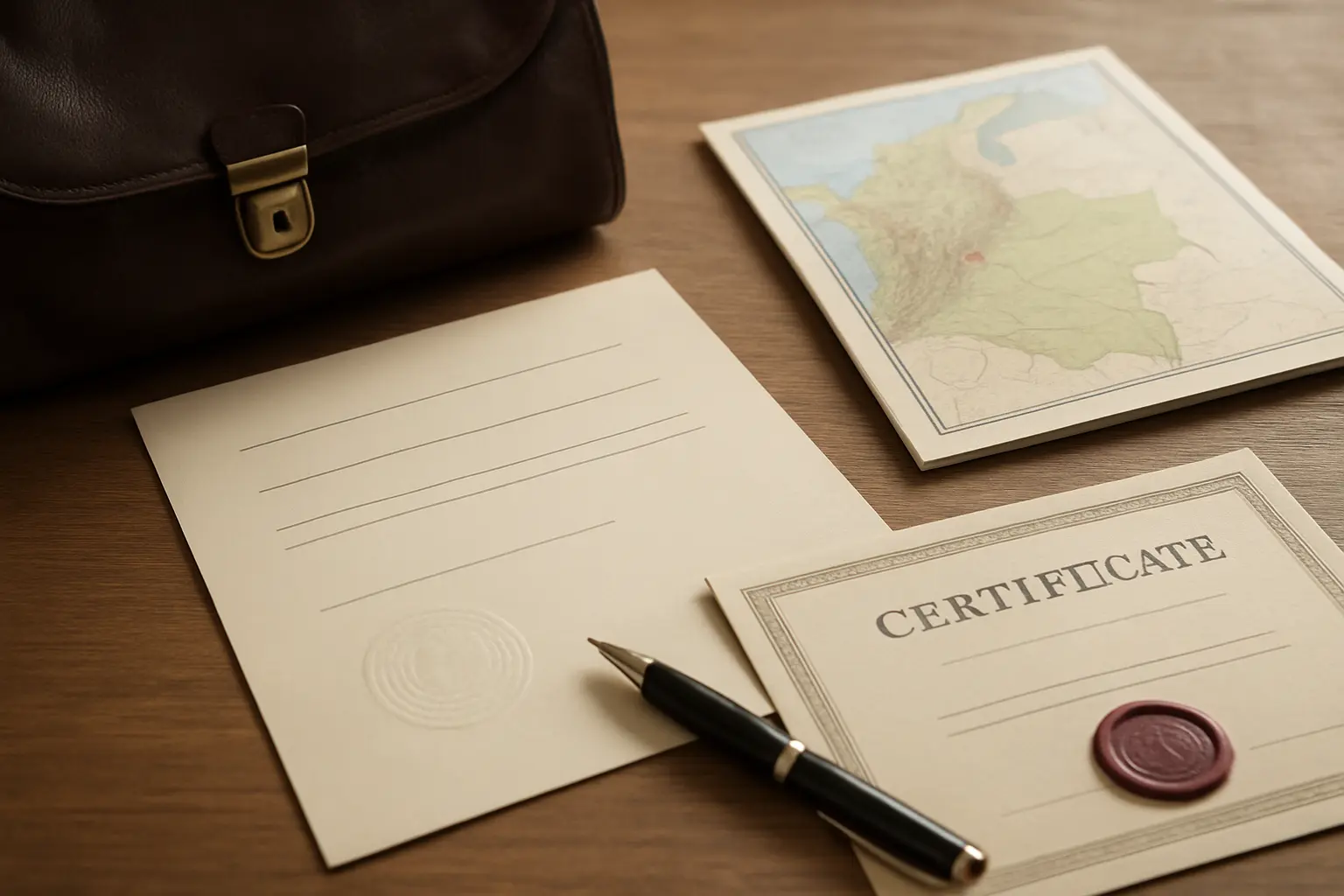 Documentos de inscripción y un maletín médico sobre un escritorio con un mapa de Colombia al fondo