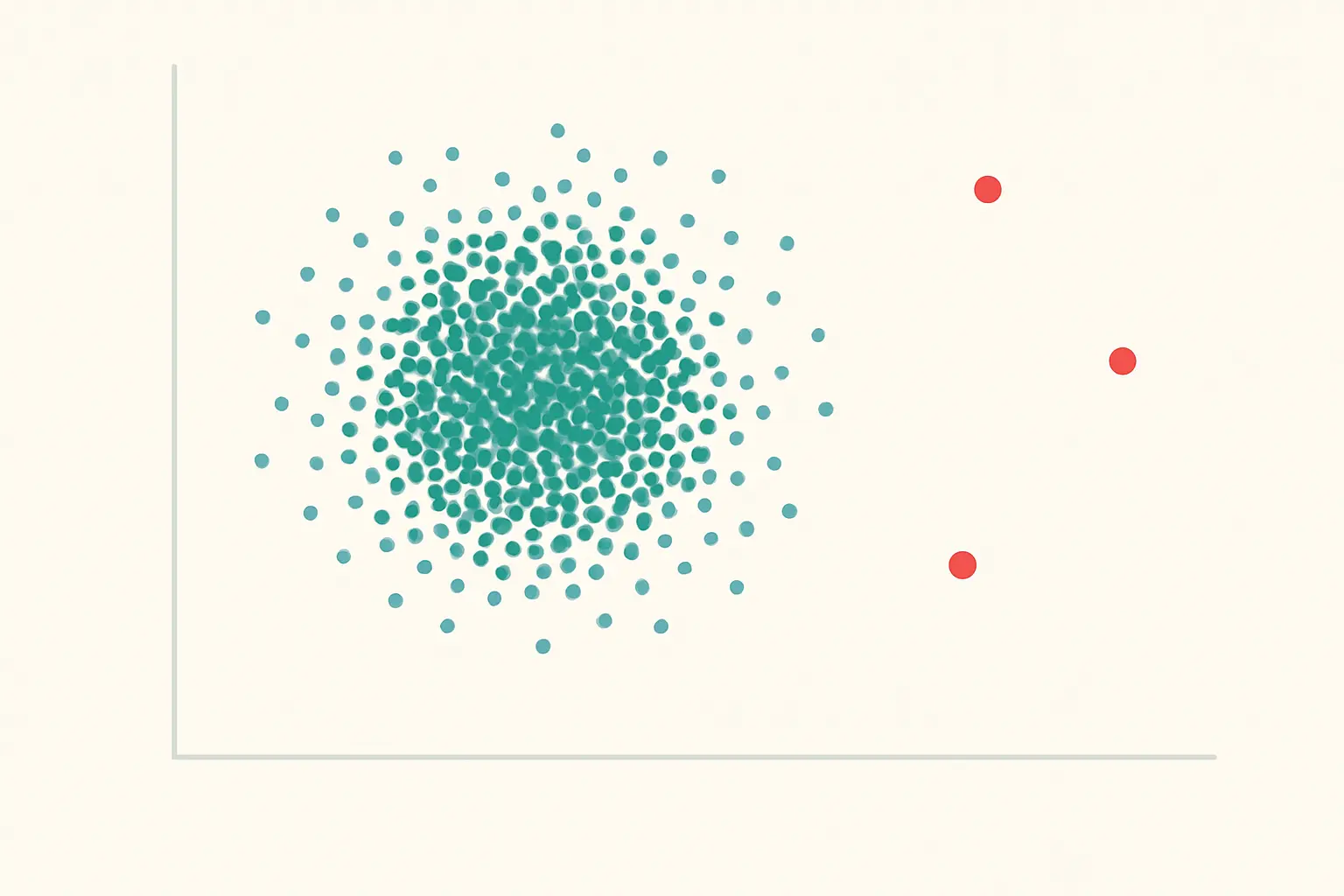 Diagrama de dispersión con tres valores atípicos alejados de la nube de datos
