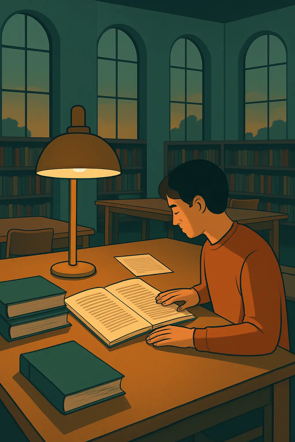 Estudiante comparando dos listas de referencias impresas en la biblioteca universitaria