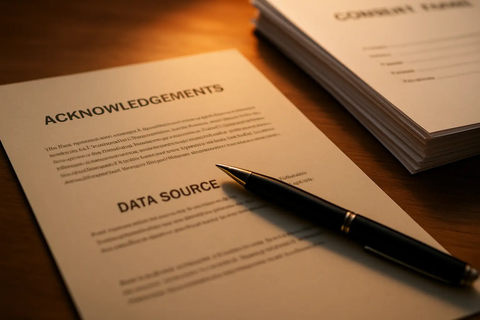 Página de agradecimientos y nota sobre el origen de los datos de un trabajo de grado, junto a formatos de consentimiento