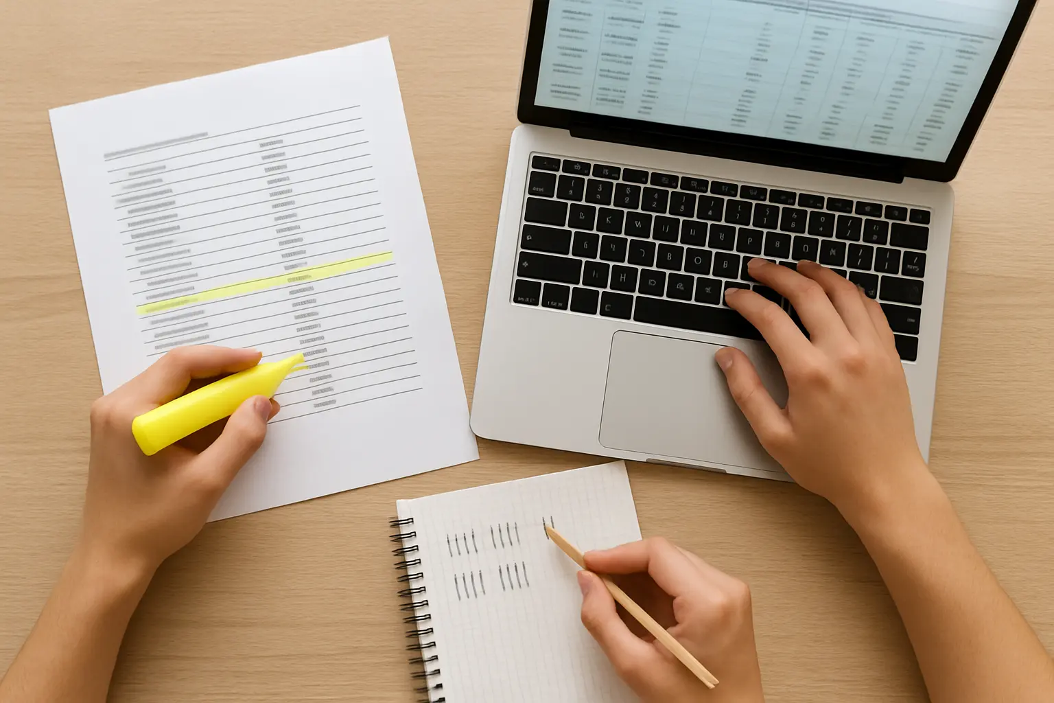 Escritorio con un listado impreso de instituciones y un portátil mostrando una tabla de datos