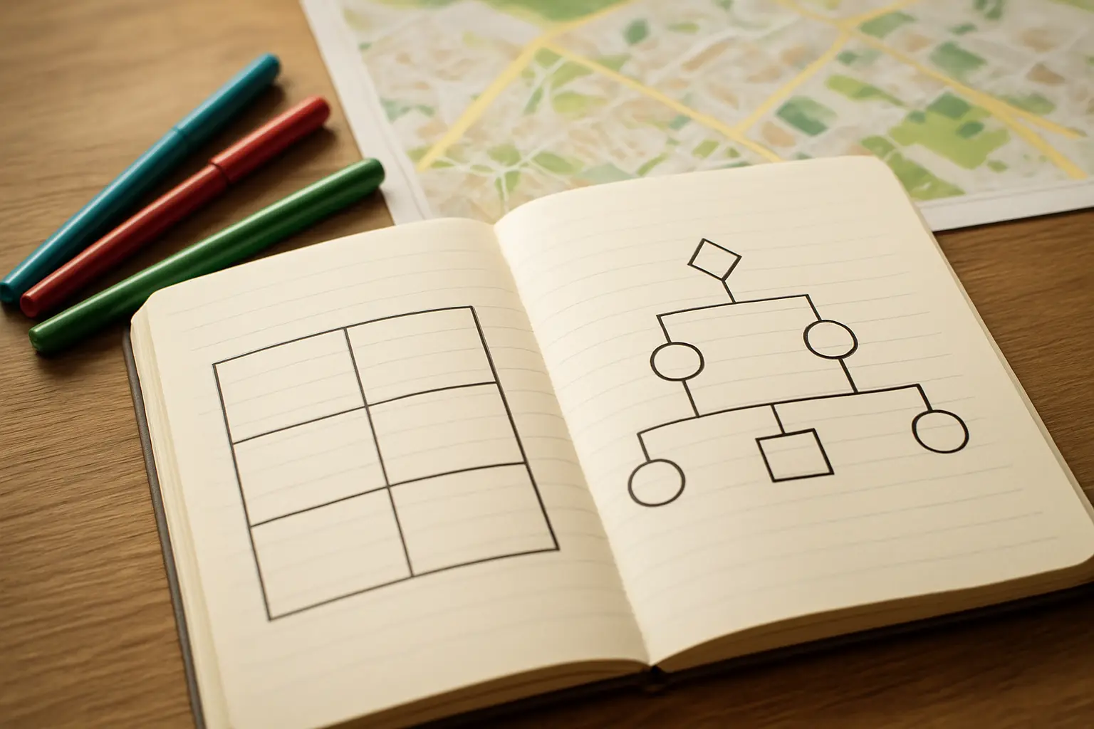 Tabla de coherencia entre objetivos específicos, técnicas y sujetos de un trabajo de grado de trabajo social dibujada en un cuaderno junto a un genograma