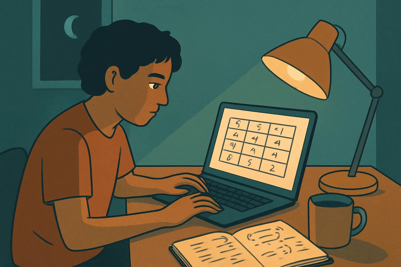Estudiante ensayando la explicación de su tabla de resultados antes de la sustentación