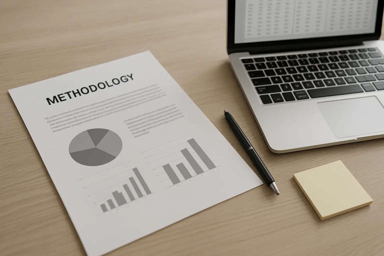 Documentación metodológica impresa junto a un portátil con una tabla de datos, sobre una mesa de trabajo