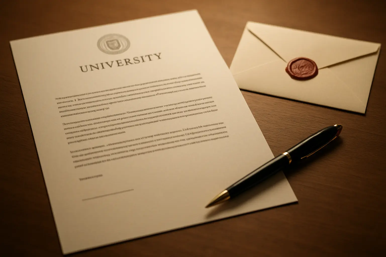 Carta de presentación en papel membretado de la universidad con sello y sobre sobre un escritorio
