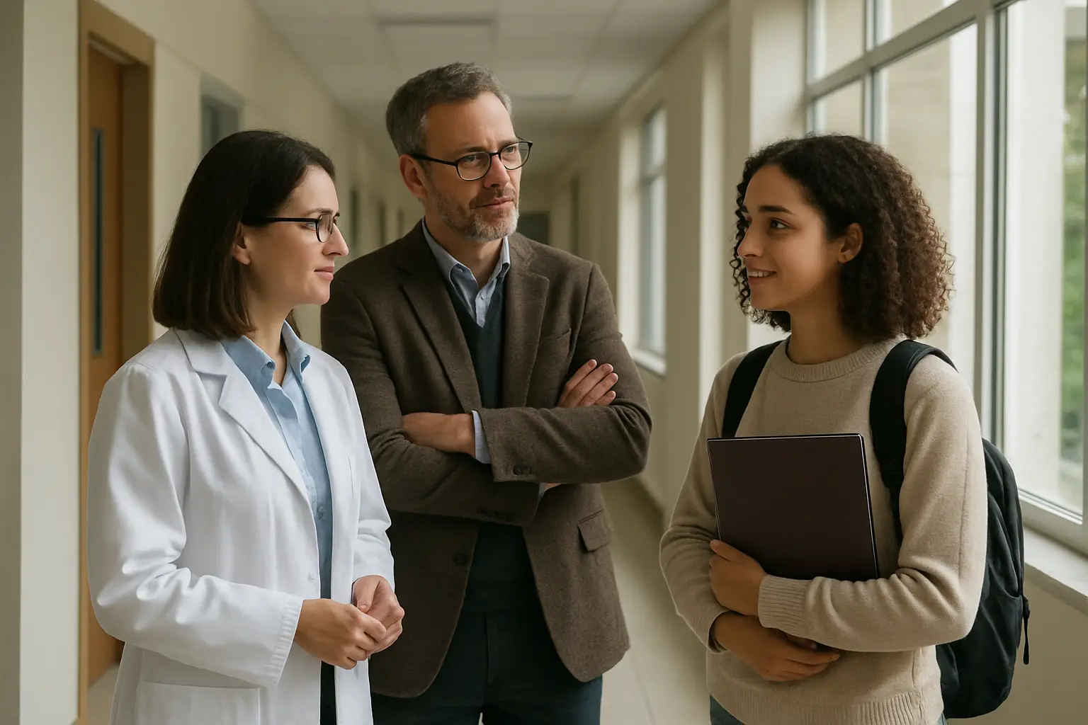 Dos docentes de áreas distintas conversando con un estudiante sobre la codirección de su trabajo de grado
