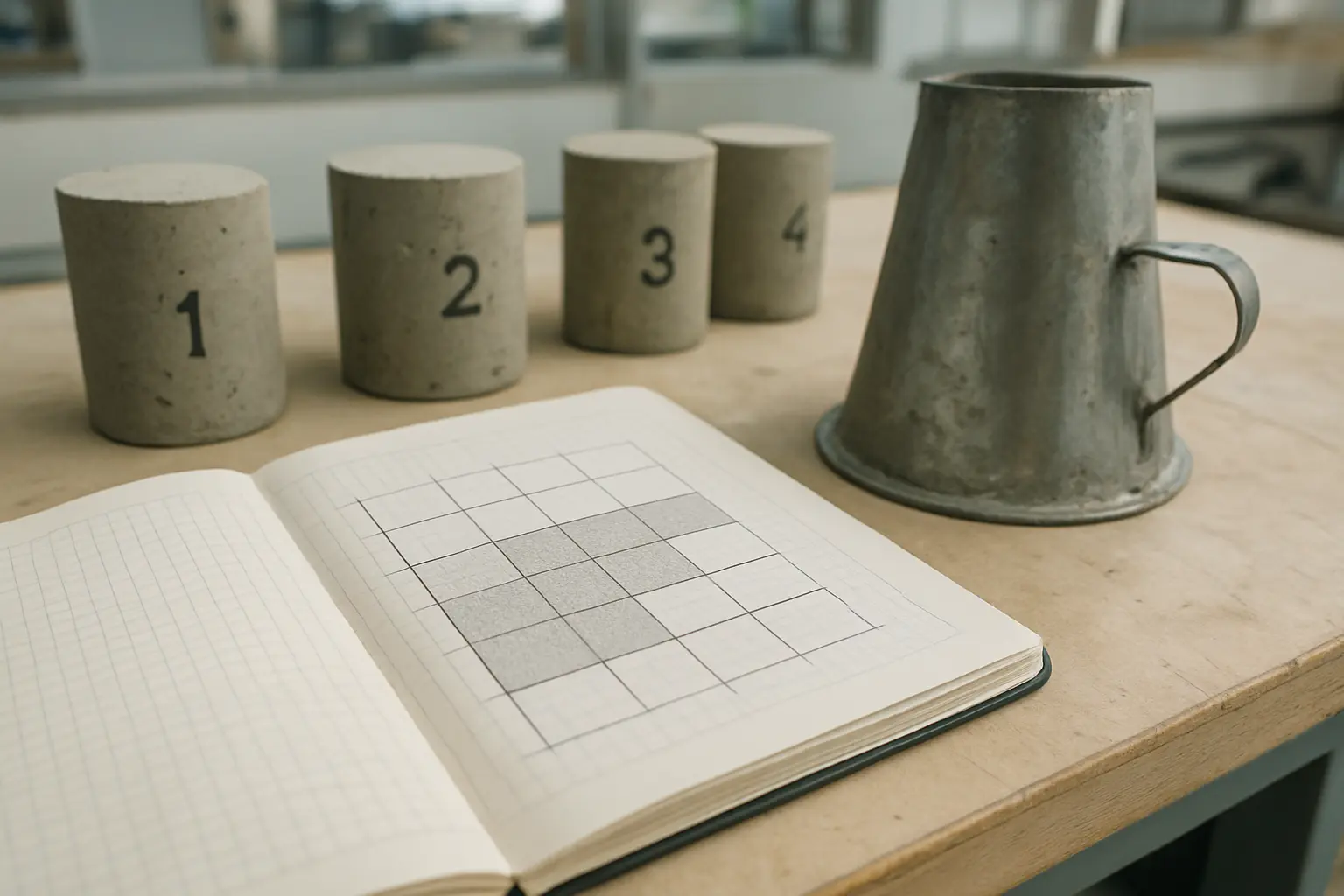Cuaderno de laboratorio con la matriz experimental de mezclas de concreto y cilindros marcados por edad de curado