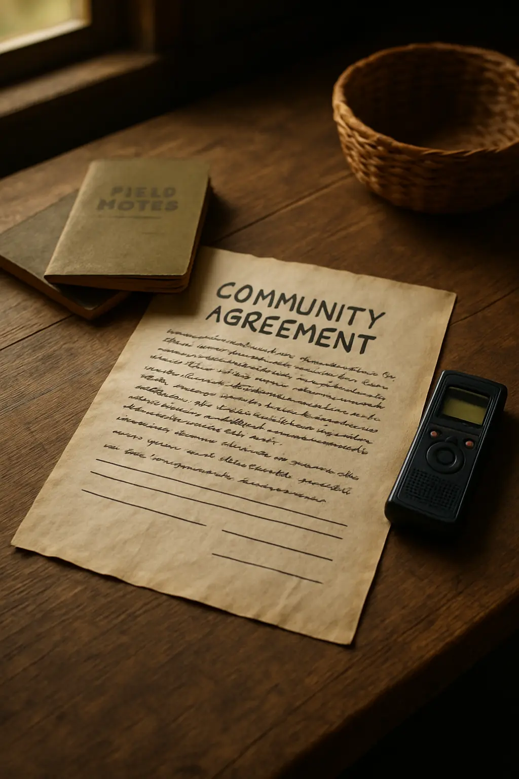 Acta manuscrita de acuerdo comunitario sobre una mesa de madera junto a cuadernos de campo y una grabadora de voz