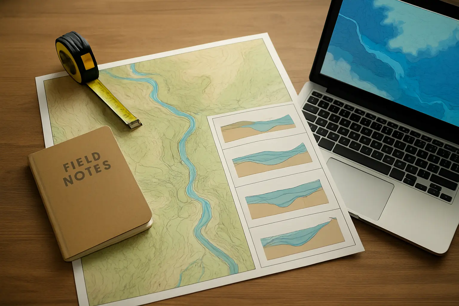 Mapa topográfico impreso con secciones transversales de un cauce junto a una libreta de campo y un computador con un modelo hidráulico