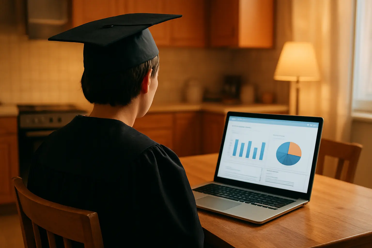 Persona recién graduada revisando el estado de su crédito educativo en un computador
