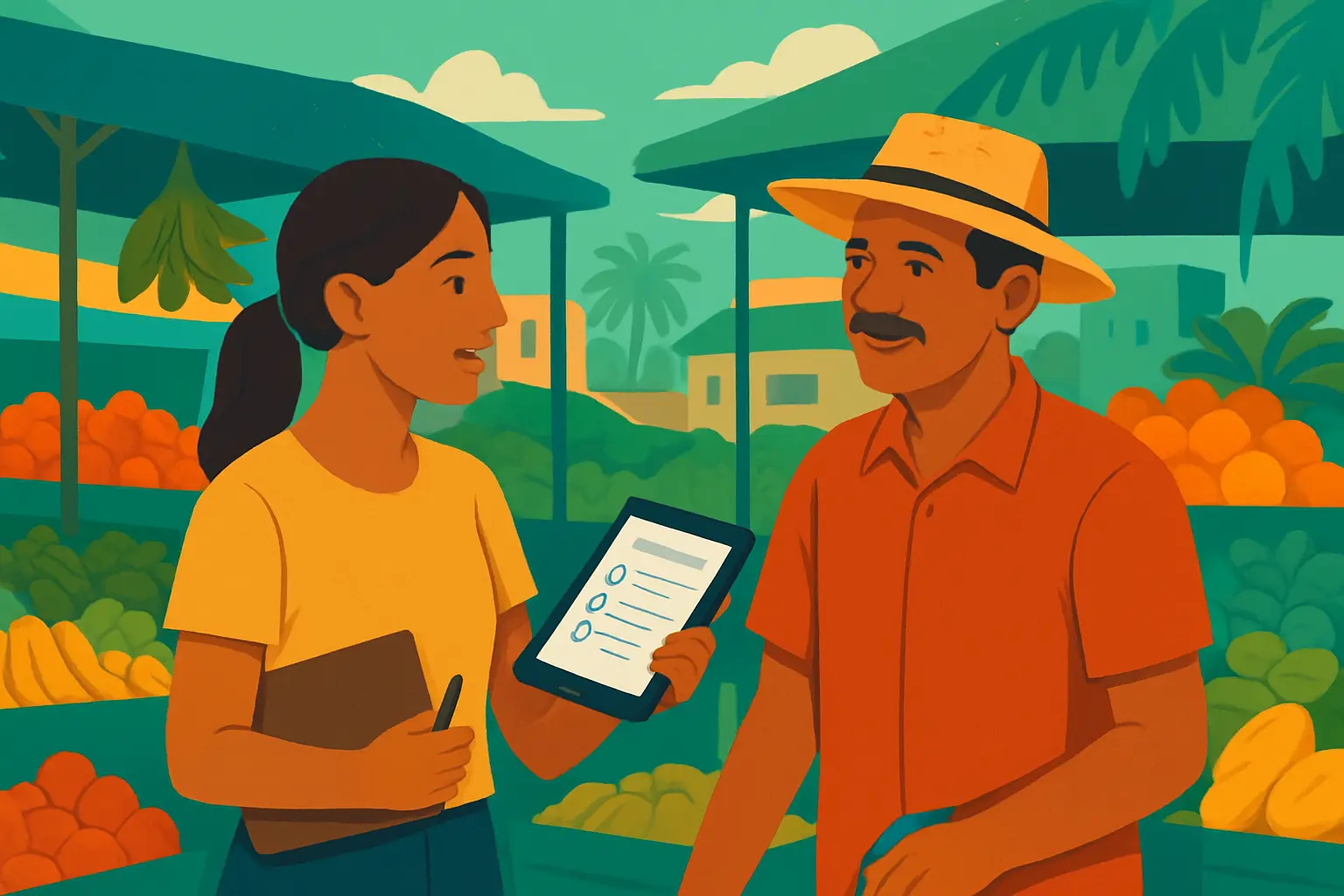 Estudiante levantando datos primarios de mercado con un comerciante para su plan de negocio