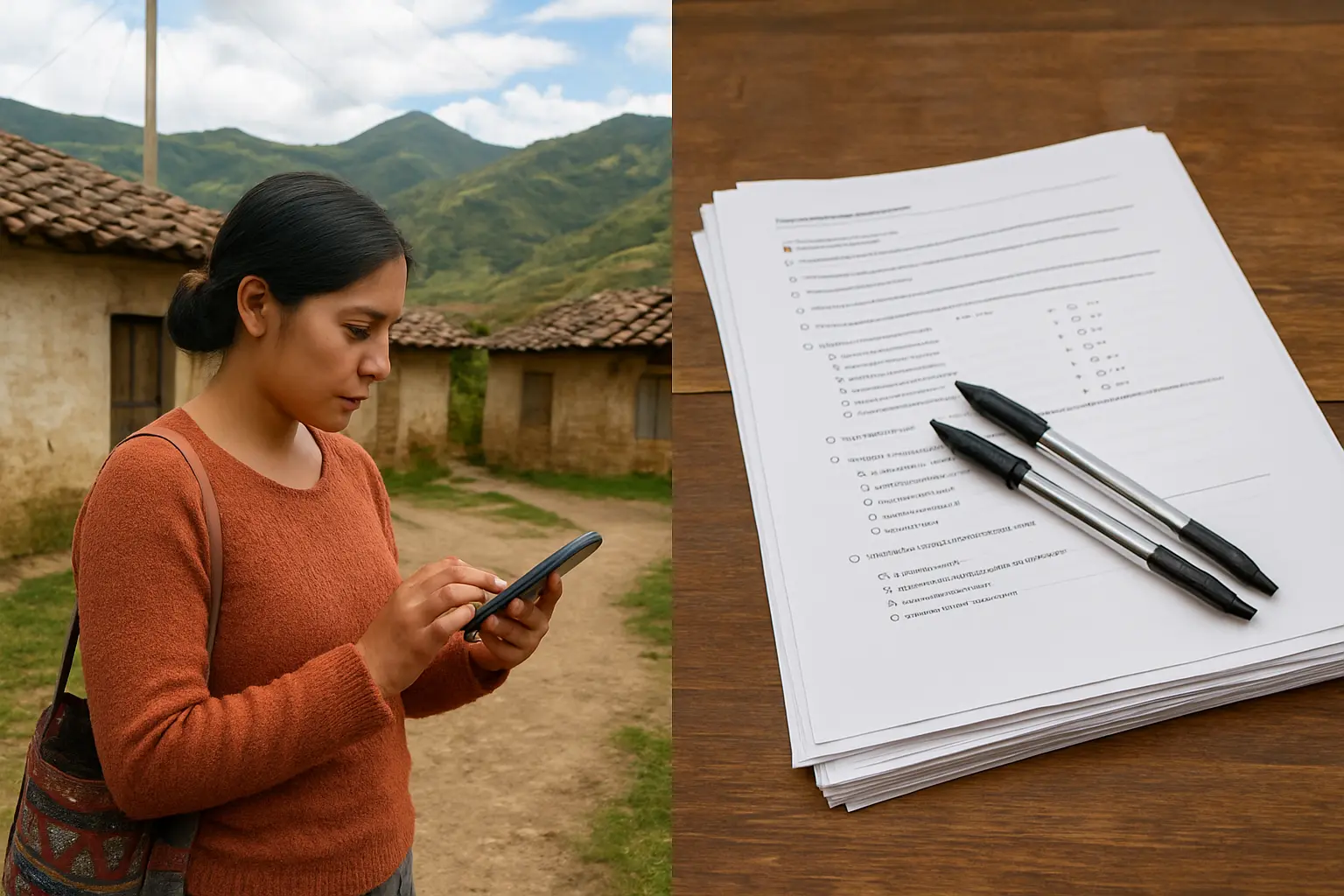 Encuesta respondida en un celular en zona rural y cuestionarios en papel sobre una mesa