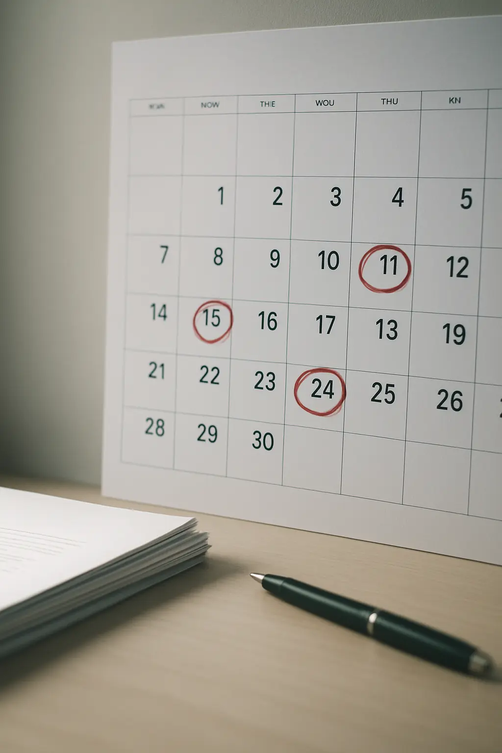 Calendario de pared con fechas marcadas junto a documentos de una convocatoria