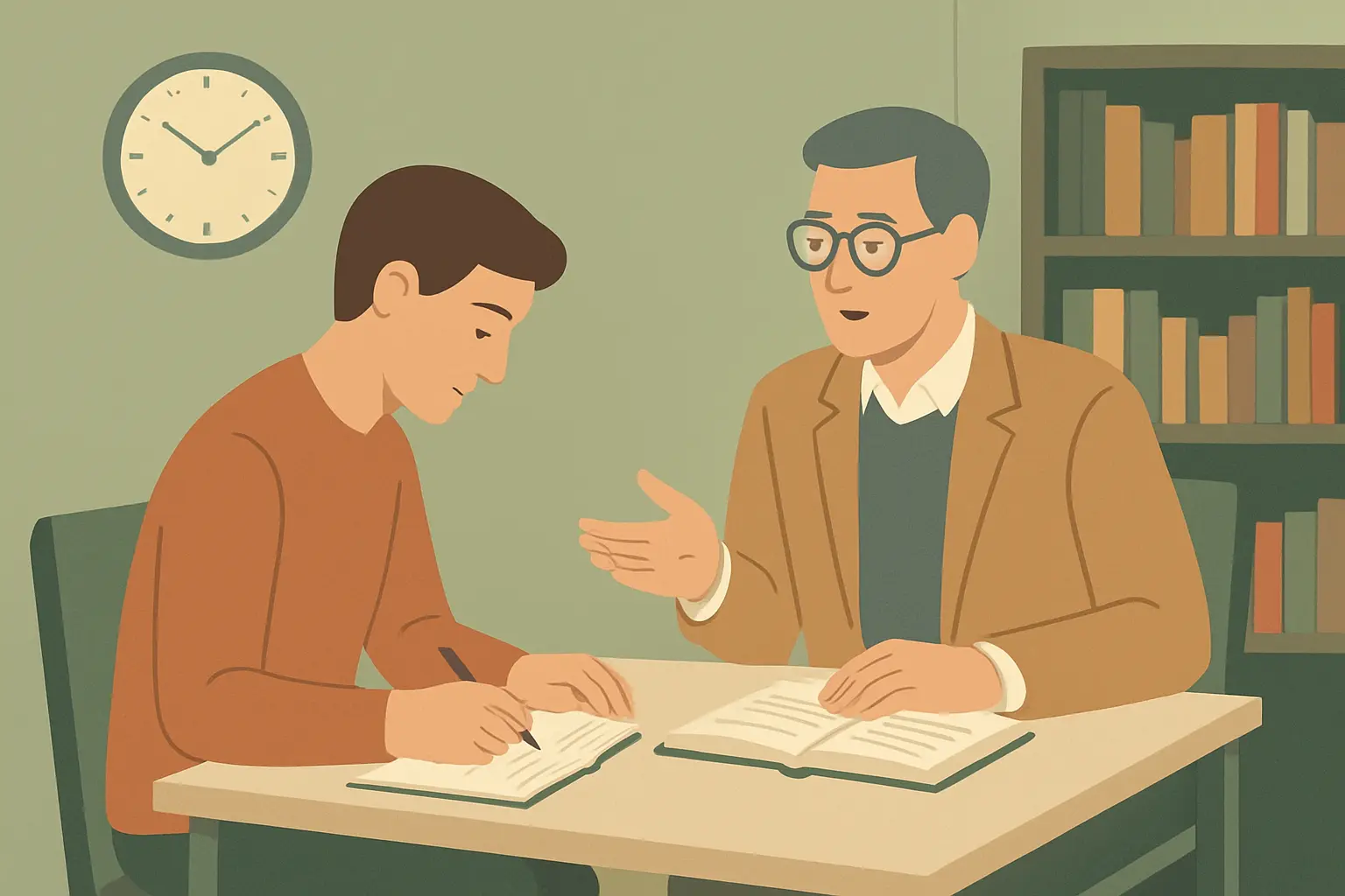 Estudiante tomando nota durante la reunión con el director de su trabajo de grado