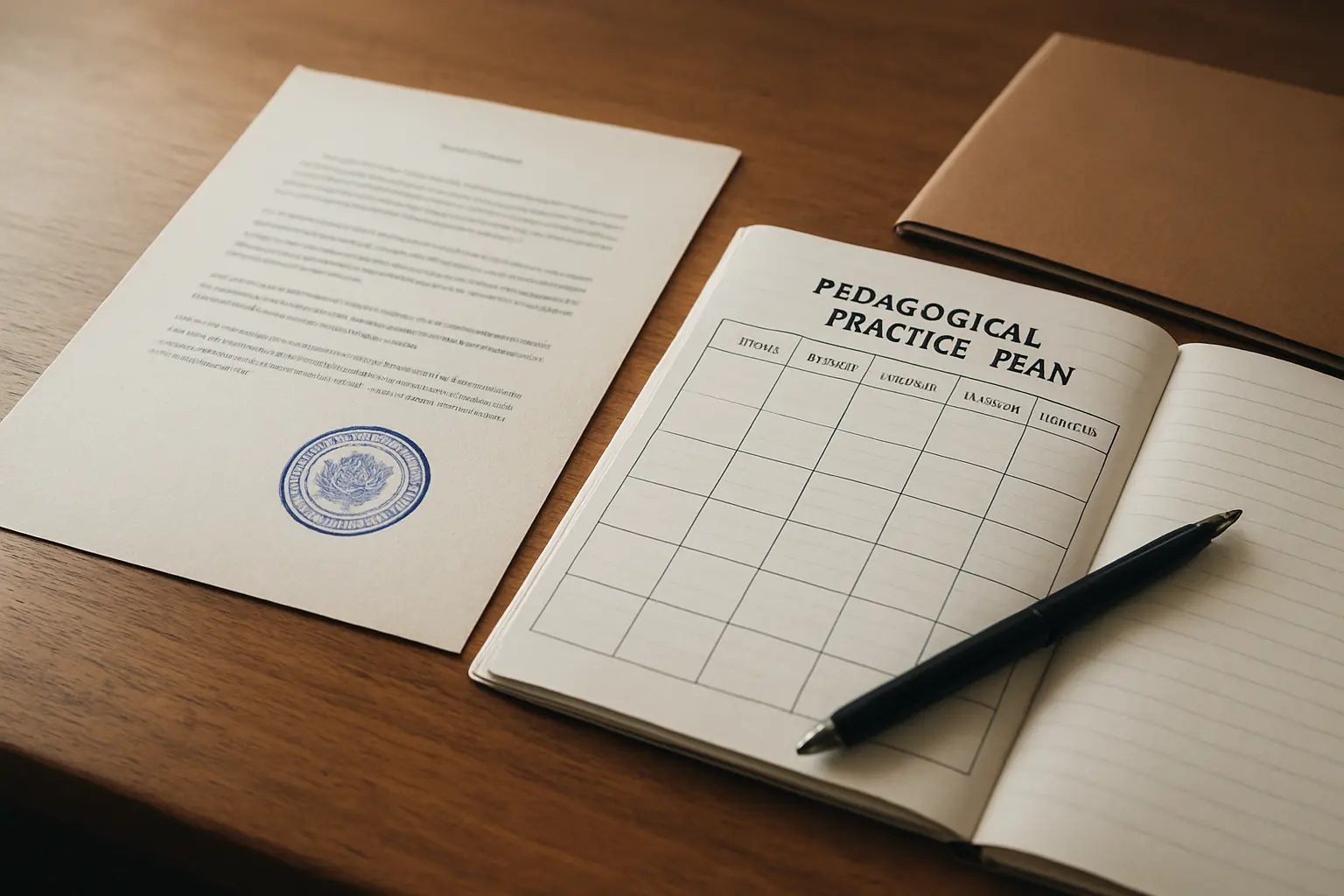 Documento oficial con sello junto a un plan de práctica pedagógica sobre un escritorio