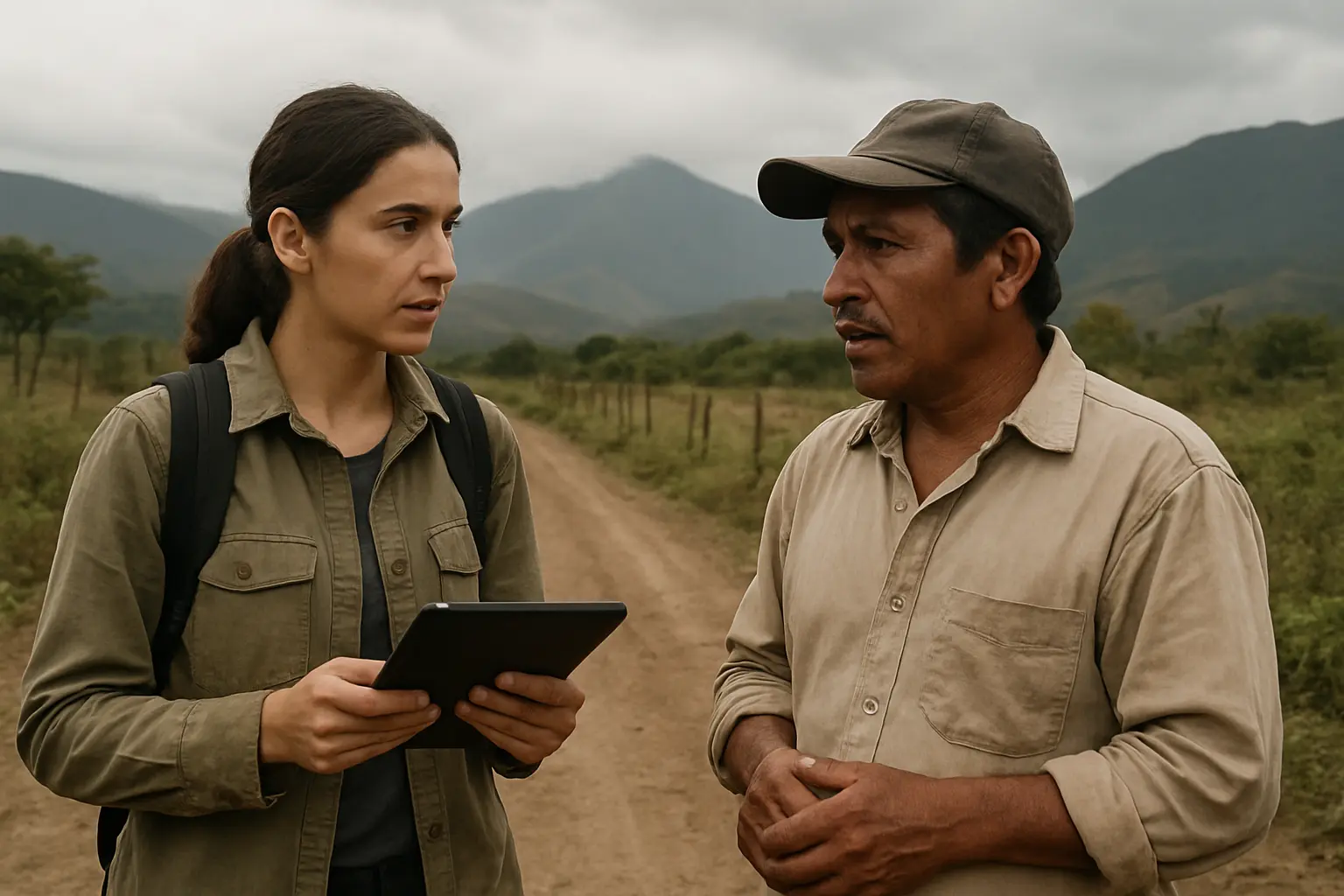 Investigadora recogiendo datos con una tableta en una zona rural sin conexión a internet