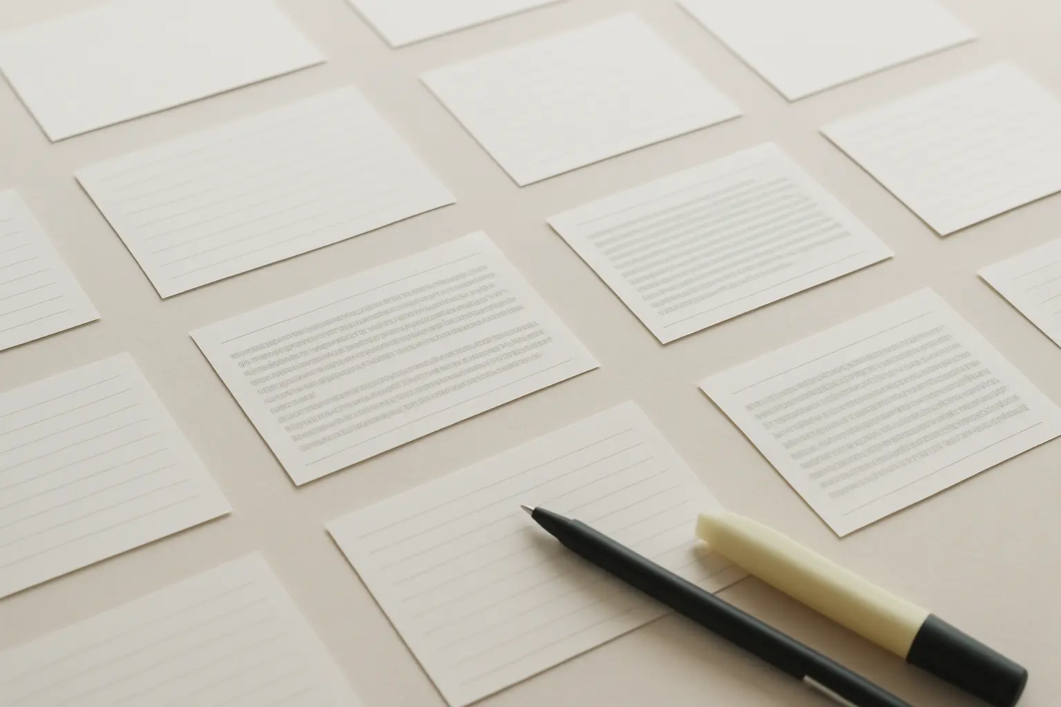 Fichas de lectura y resúmenes de antecedentes organizados sobre una mesa de estudio