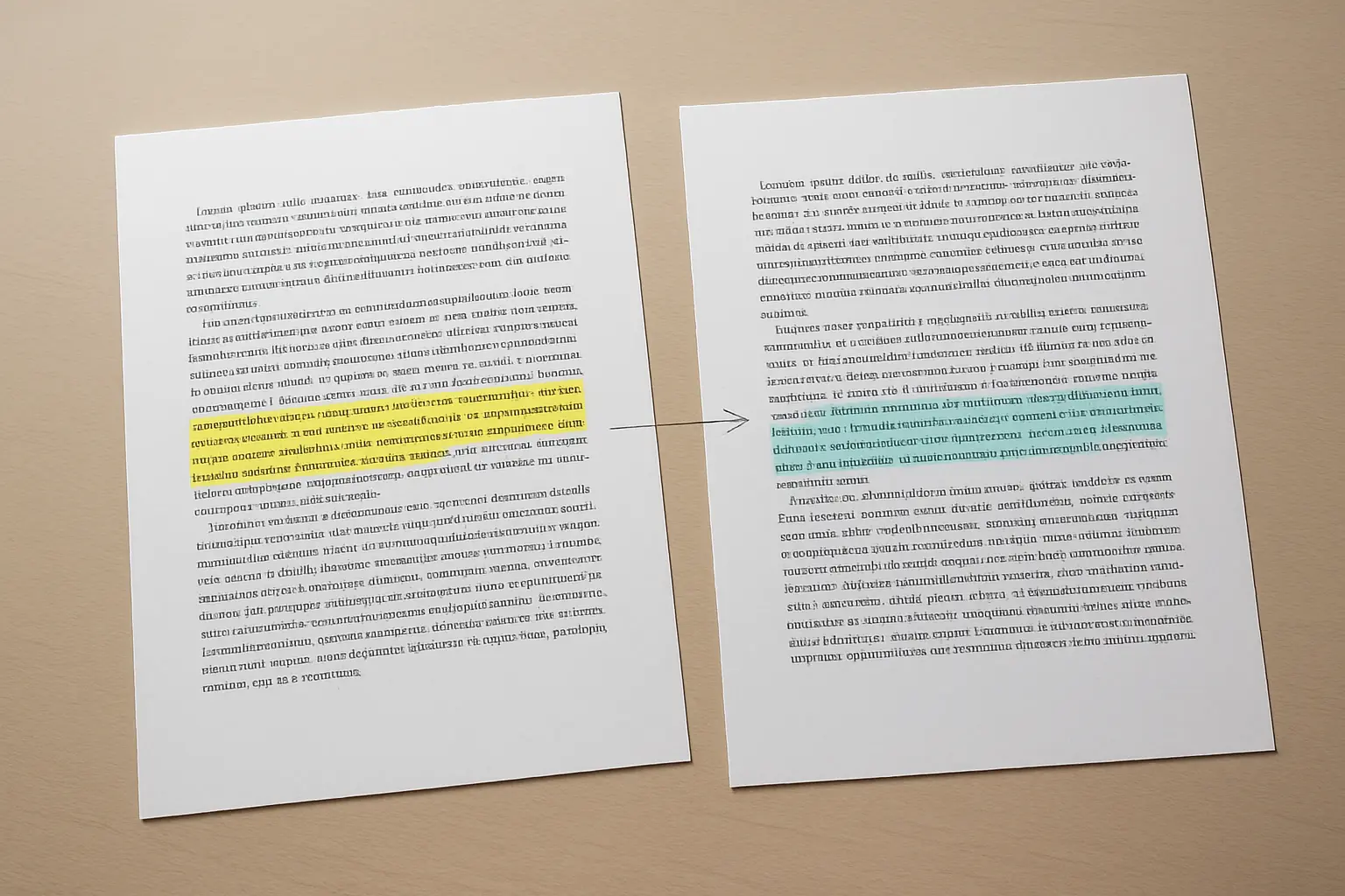 Dos páginas impresas con párrafos resaltados y una flecha que conecta el original con su versión traducida