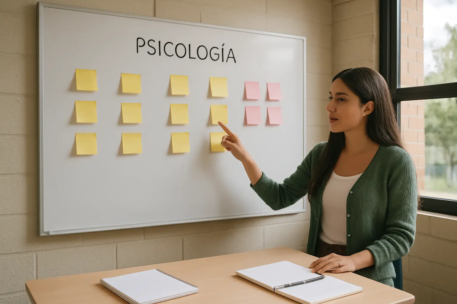 Tablero con las cuatro fórmulas para construir el título de un trabajo de grado de psicología, con fichas de variables y población