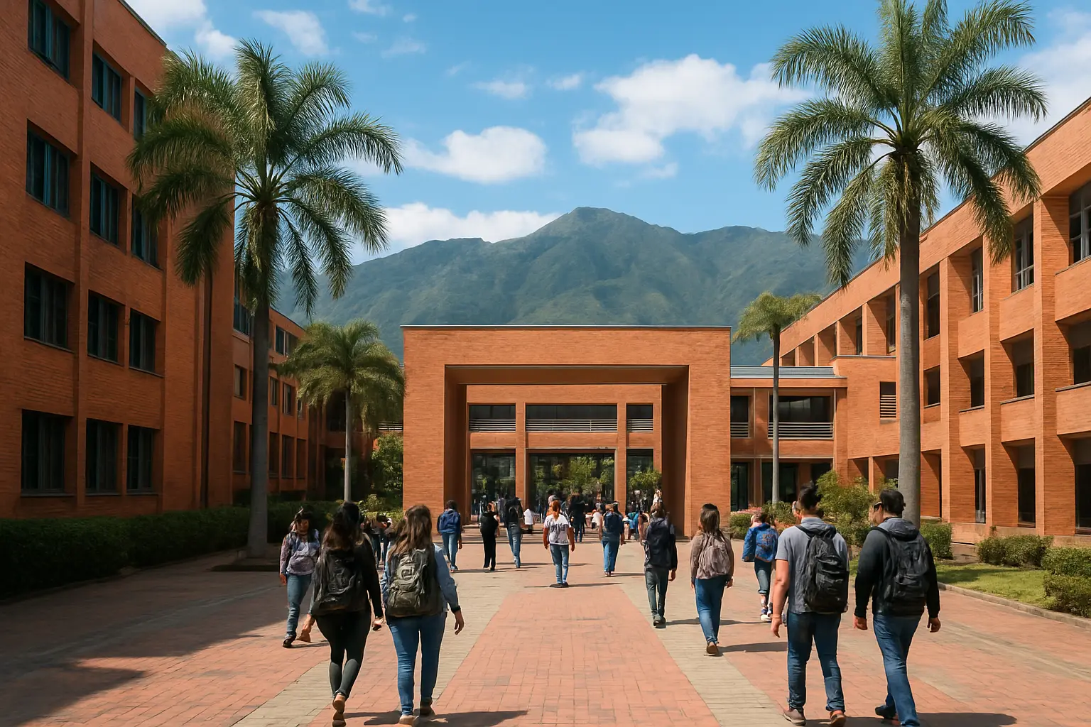 Entrada de un campus universitario colombiano con estudiantes y montañas al fondo