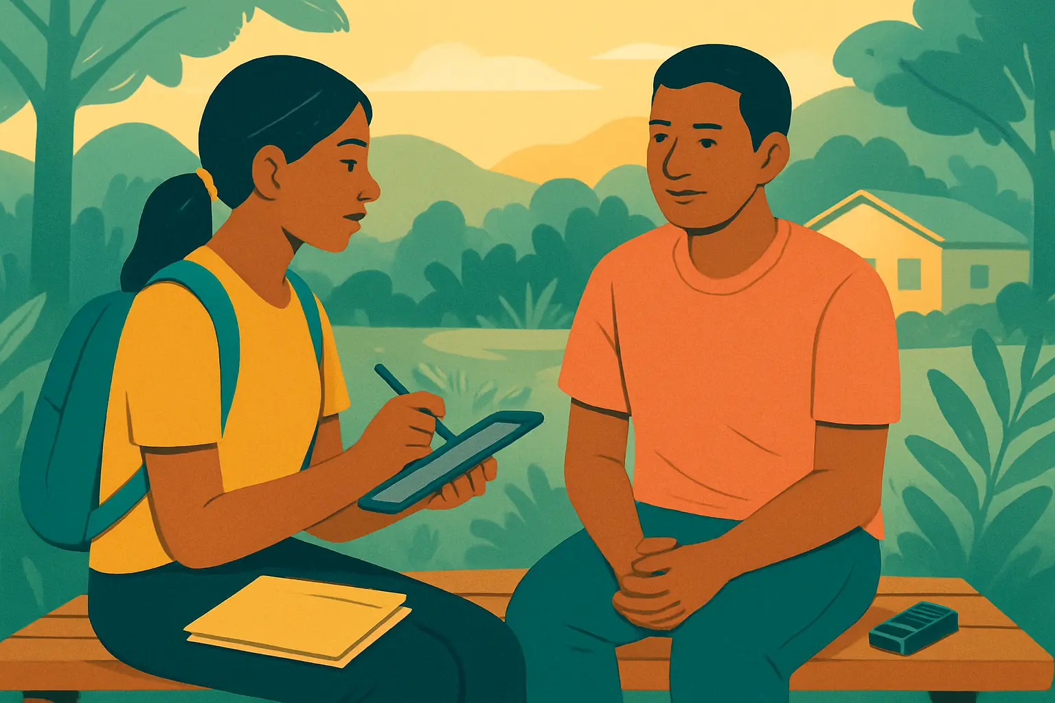 Estudiante realizando una entrevista en campo con la carpeta de consentimientos informados al lado
