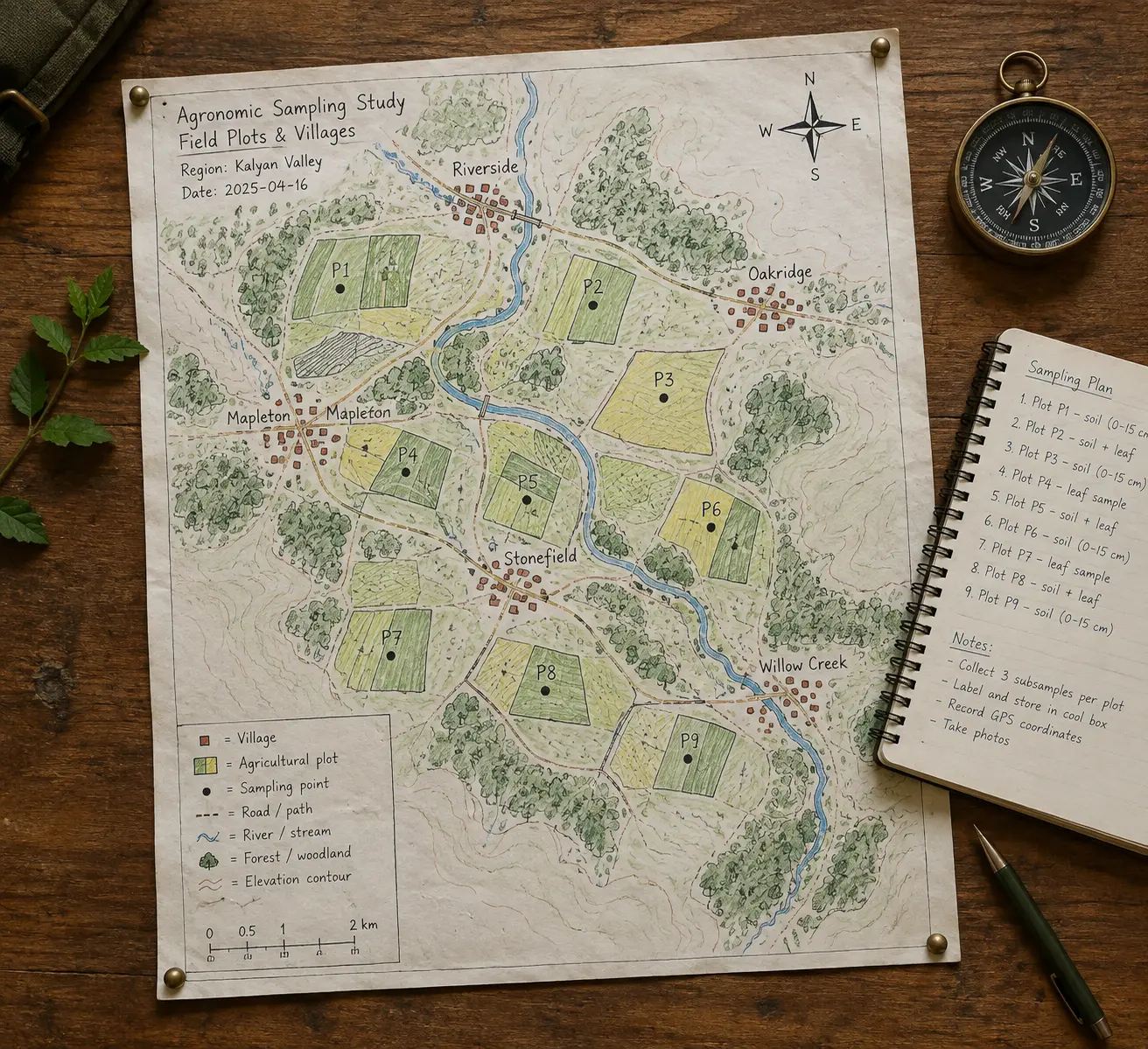 Mapa de veredas con parcelas de estudio marcadas para un muestreo agronómico rural