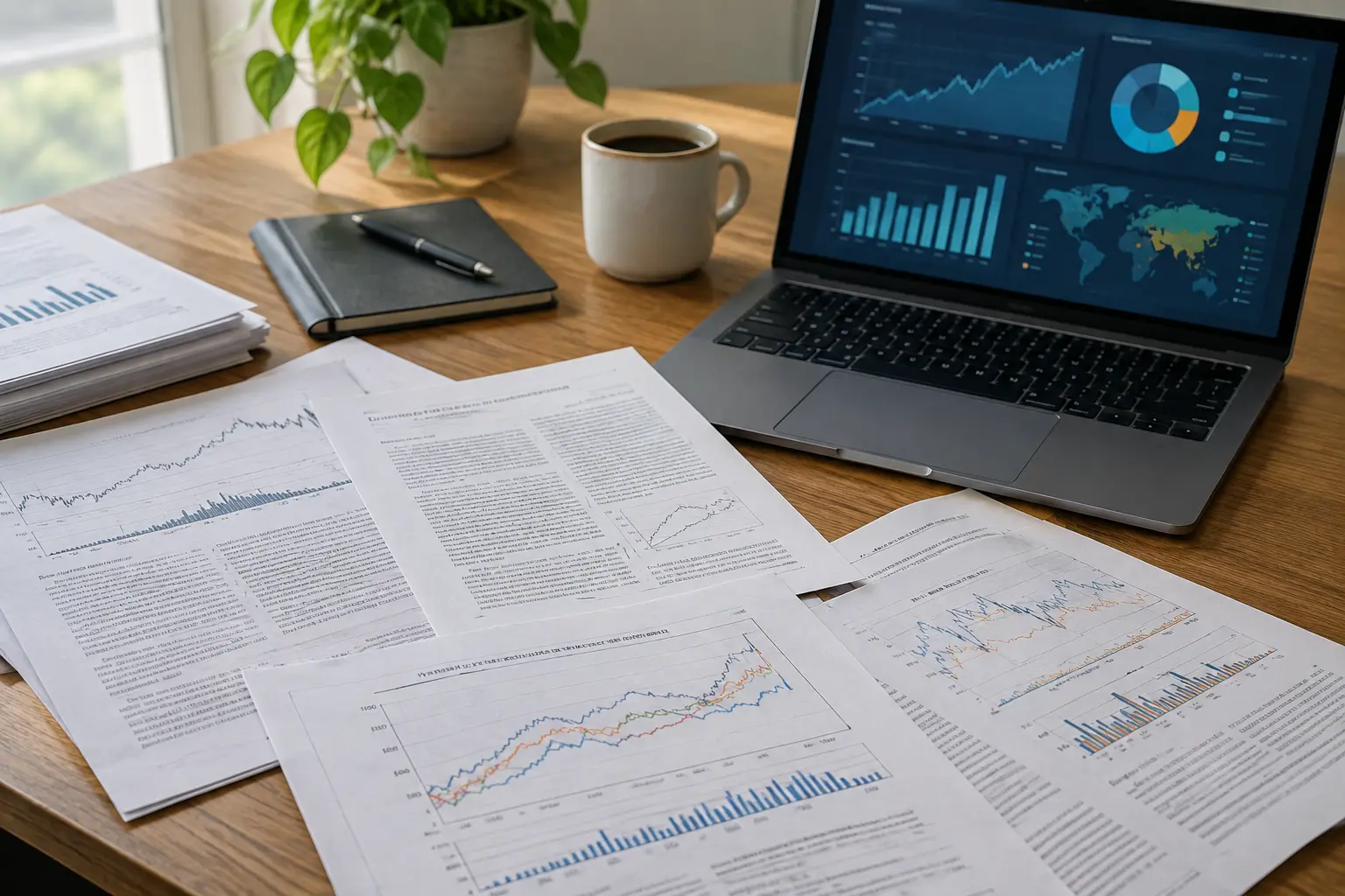 Series de tiempo económicas y gráficos impresos junto a artículos académicos sobre un escritorio