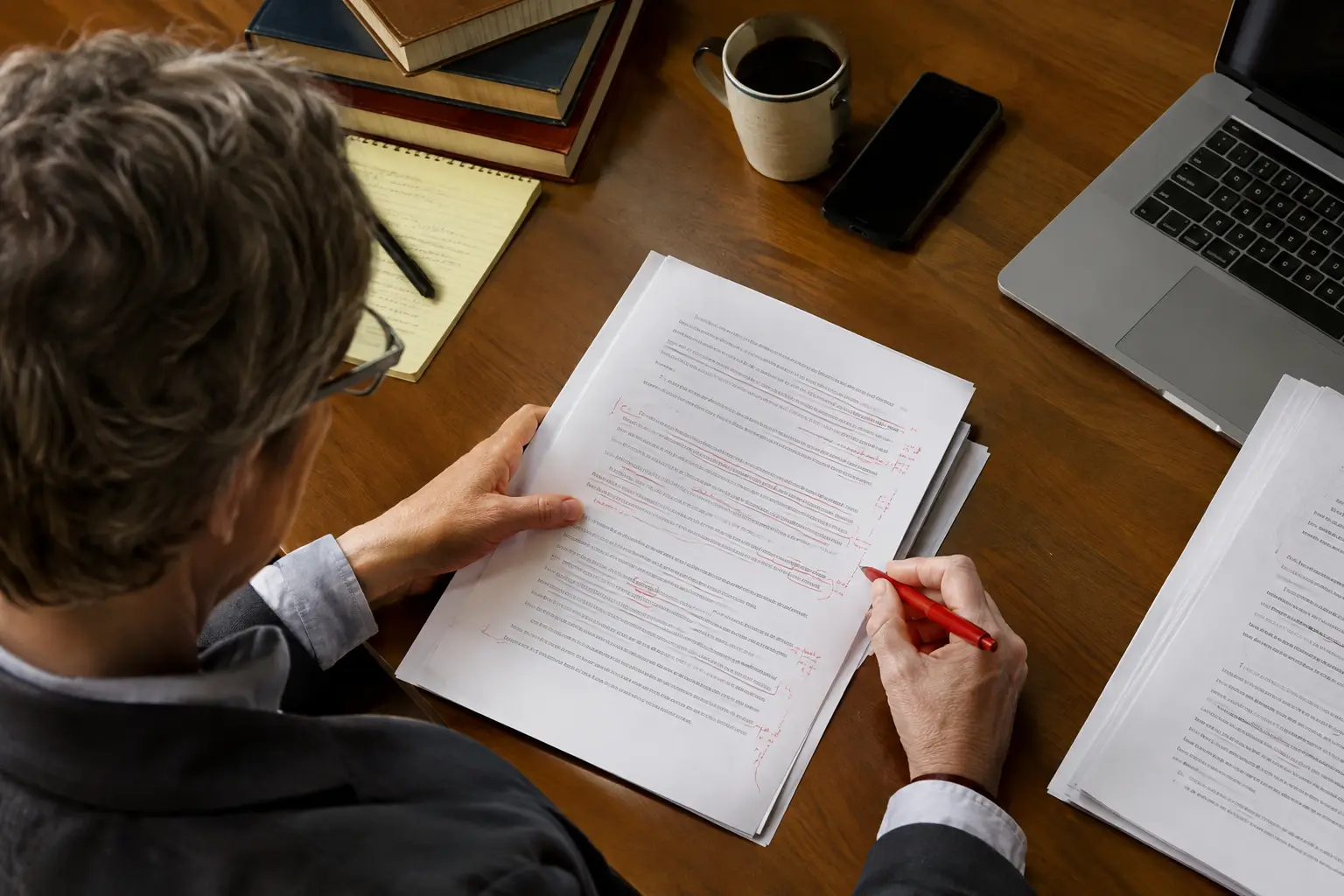 Profesor revisando un trabajo de grado con anotaciones antes de la sustentación