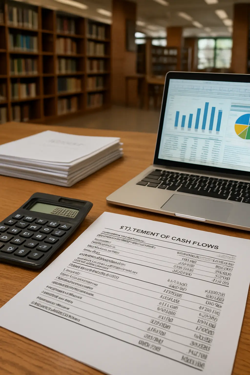 Escritorio de contador público con estados financieros impresos, calculadora y laptop organizando capítulos de un documento