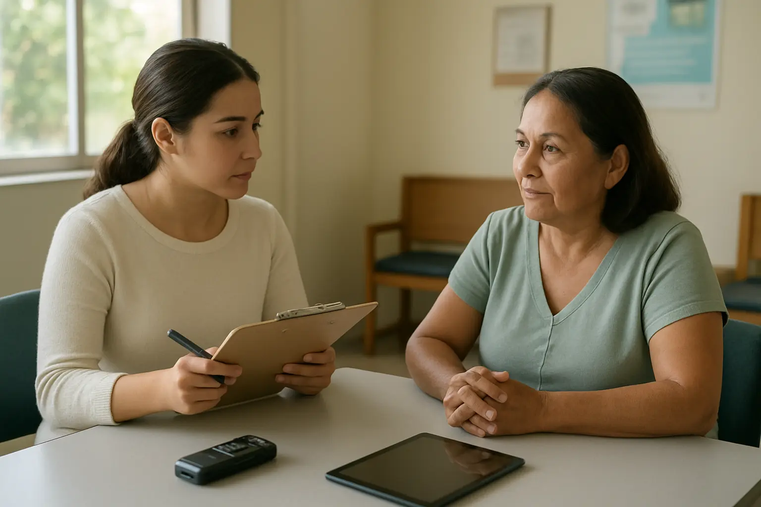 Estudiante con tabla de apoyo y formatos de consentimiento informado entrevista a una participante en un centro de salud comunitario
