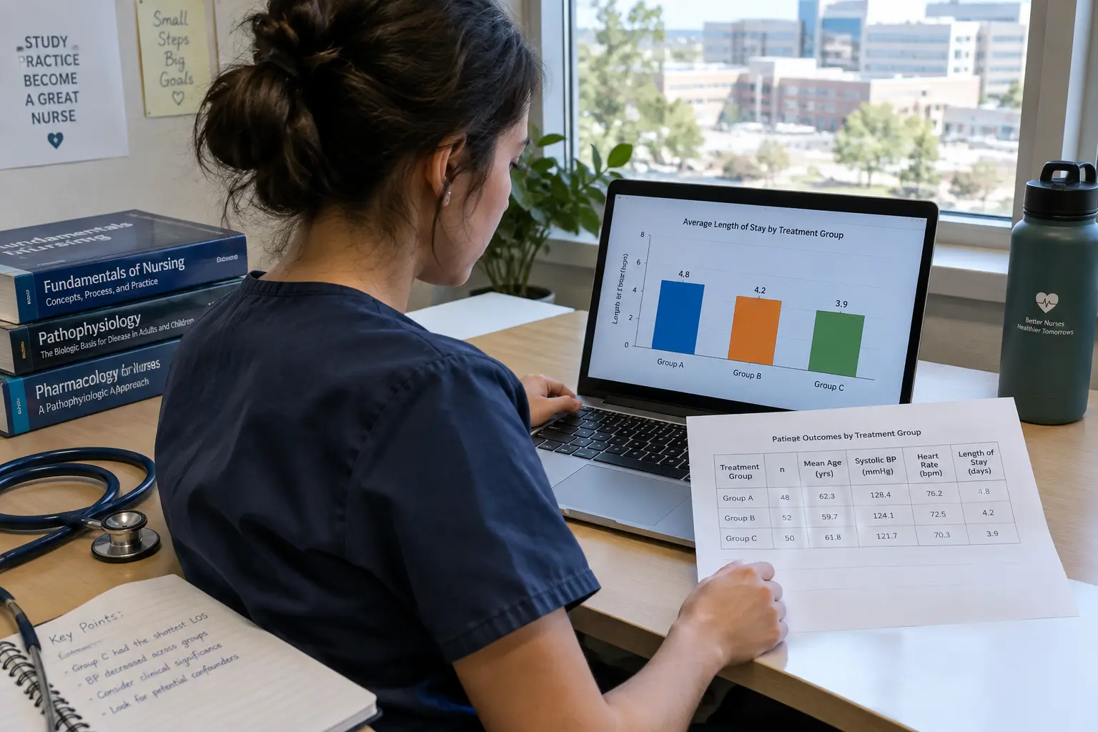 Estudiante de enfermería comparando una tabla de resultados impresa con un gráfico de barras en su portátil