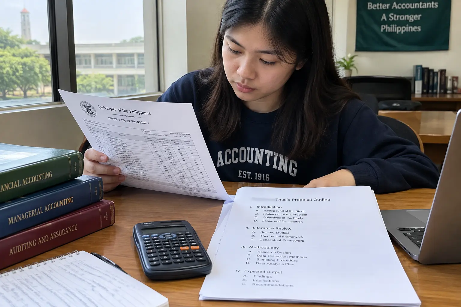 Estudiante de contaduría pública revisando su historial de notas y el esquema de su anteproyecto