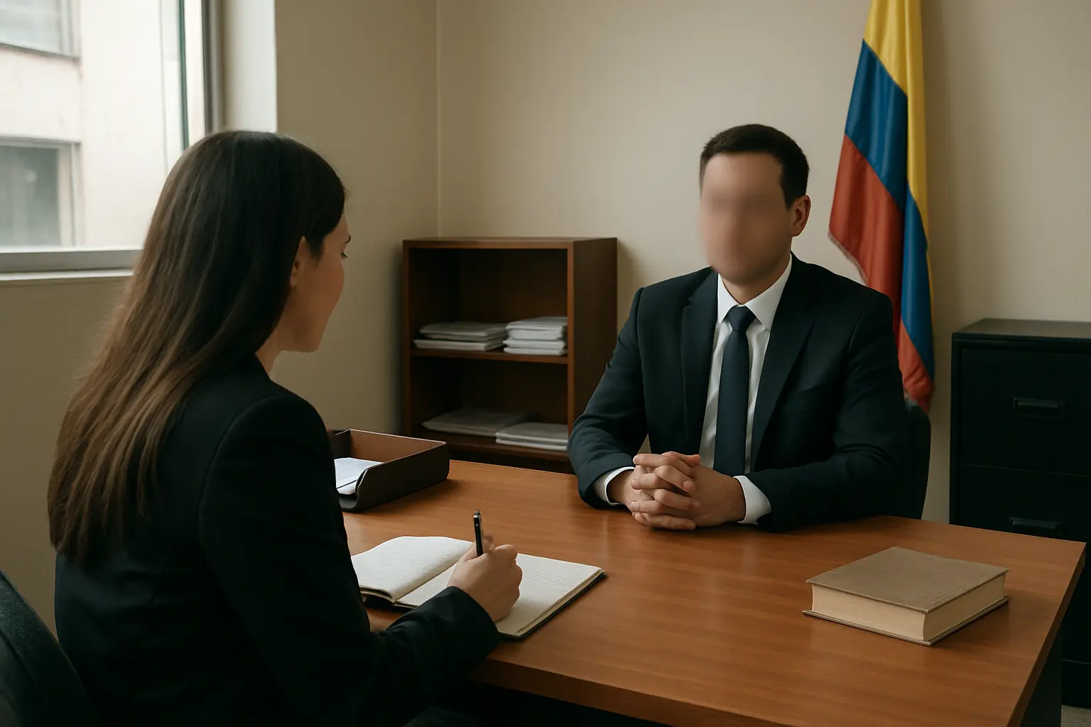 Investigador jurídico entrevistando a un funcionario judicial en una oficina